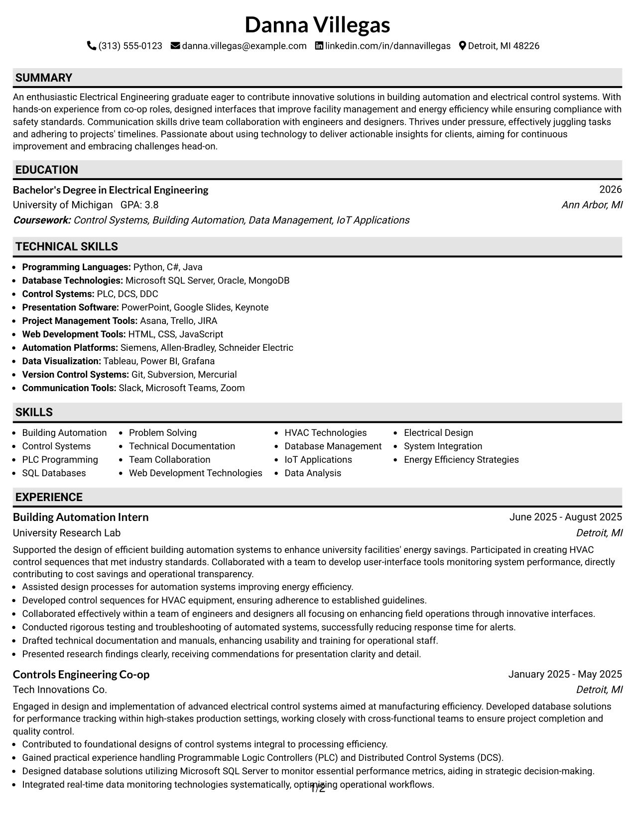 Resume Example Page 1