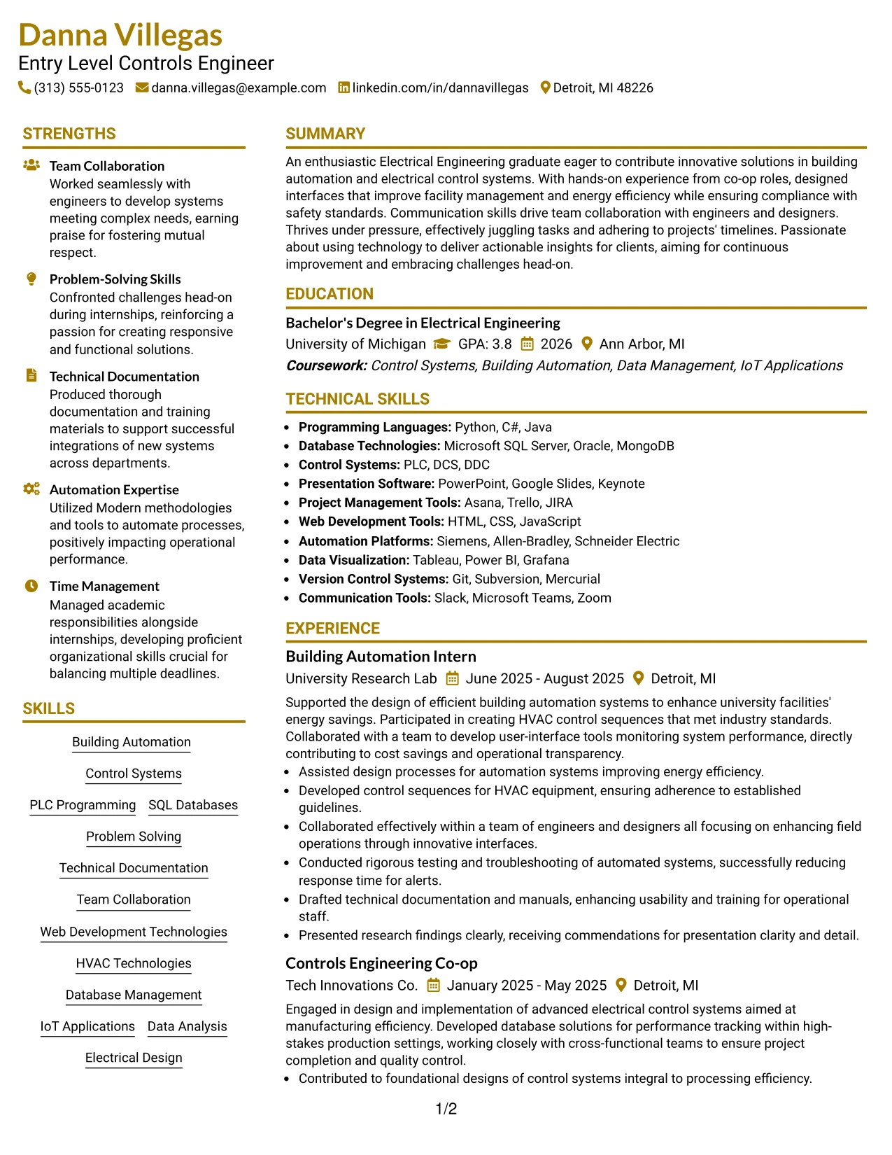 Resume Example Page 1