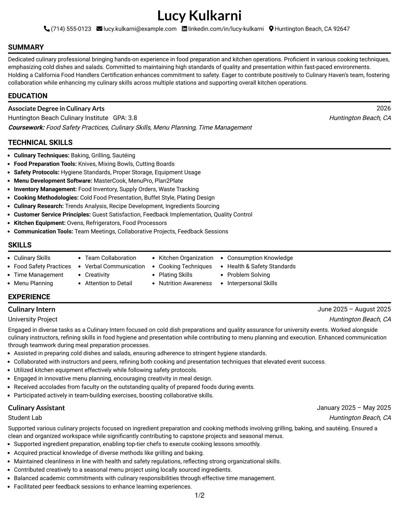 Resume Example Page 1