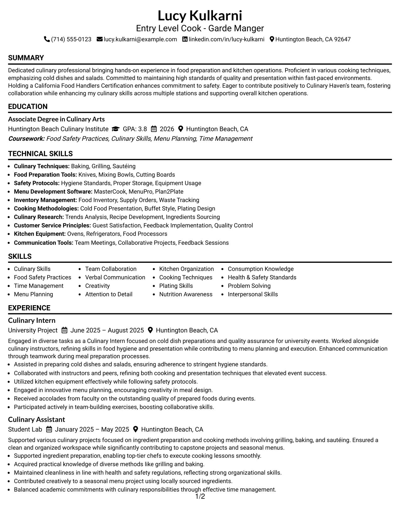 Resume Example Page 1