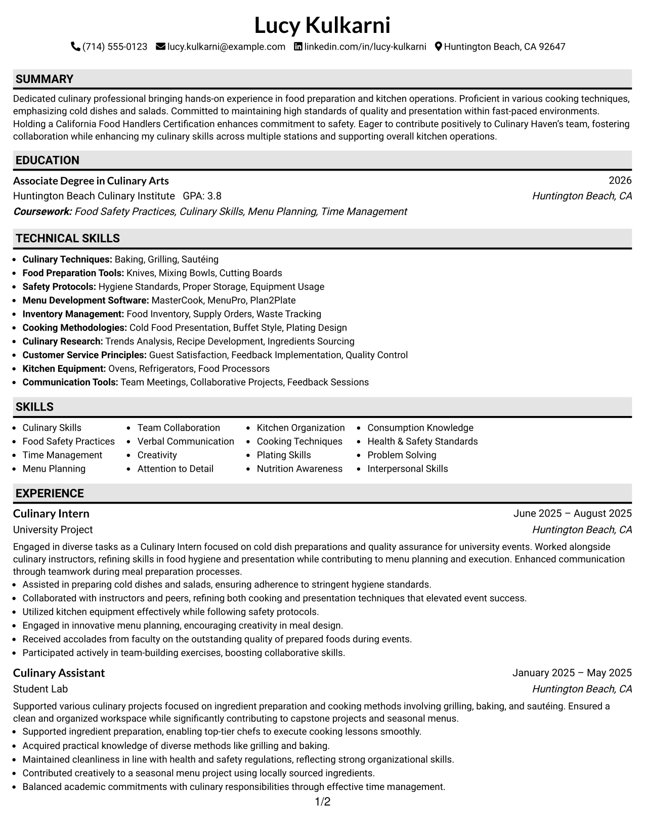 Resume Example Page 1