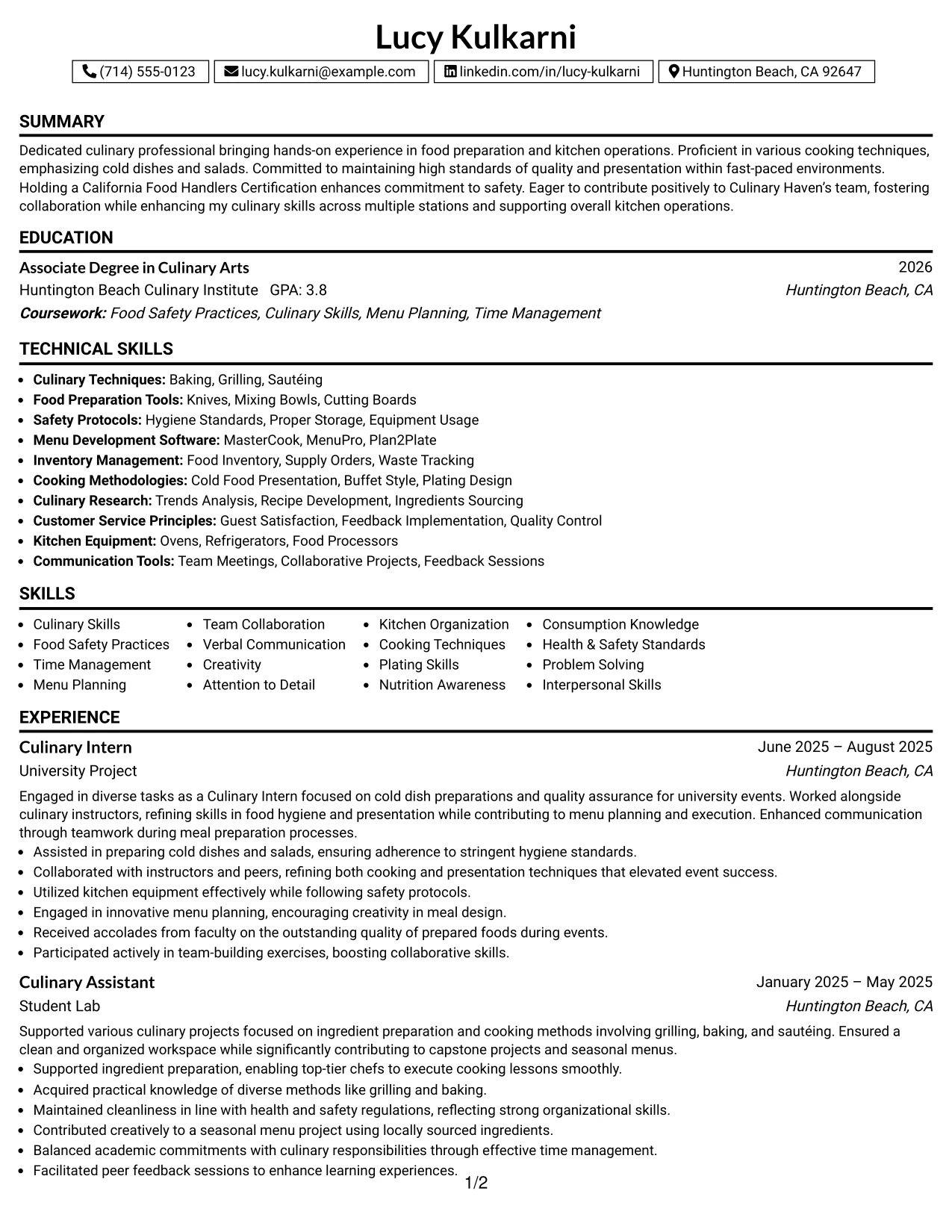 Resume Example Page 1