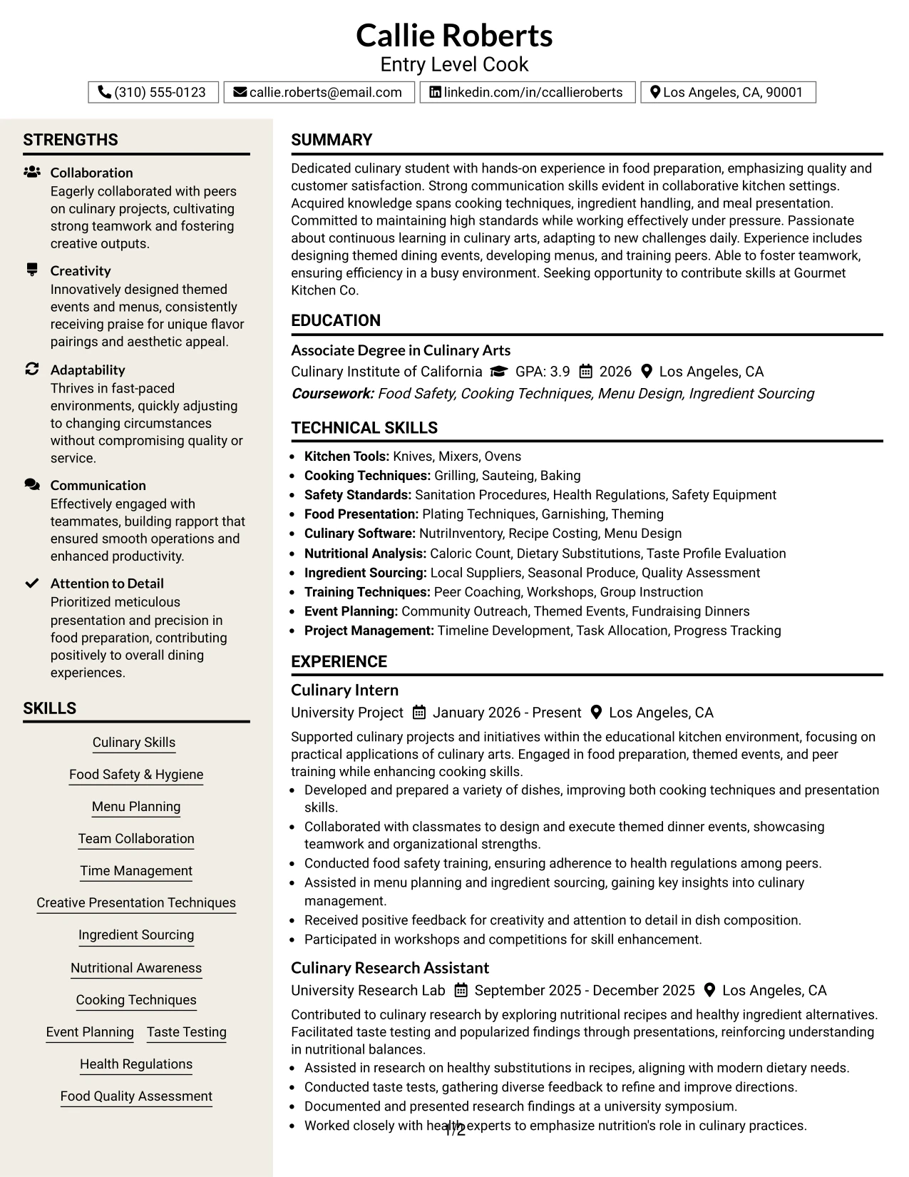Resume Example Page 1