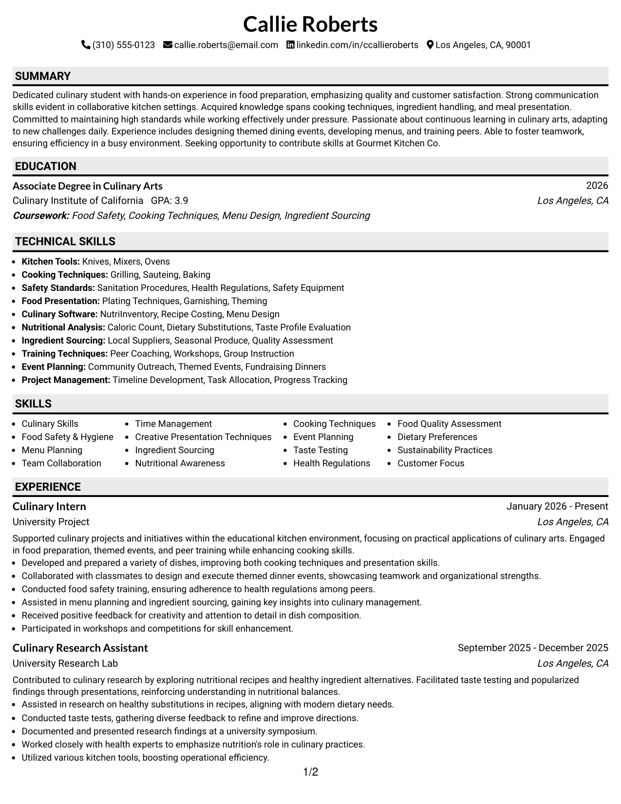 Resume Example Page 1