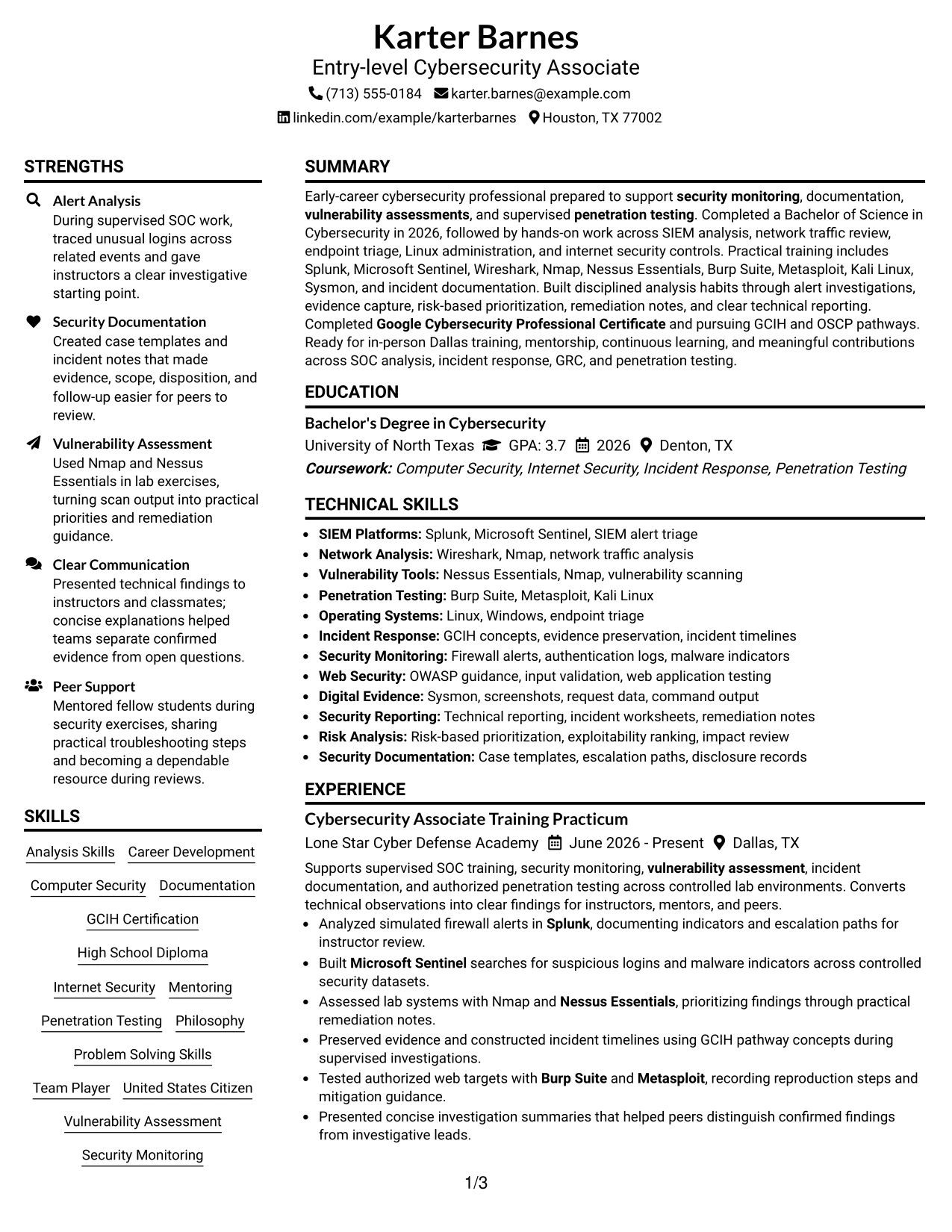 Resume Example Page 1