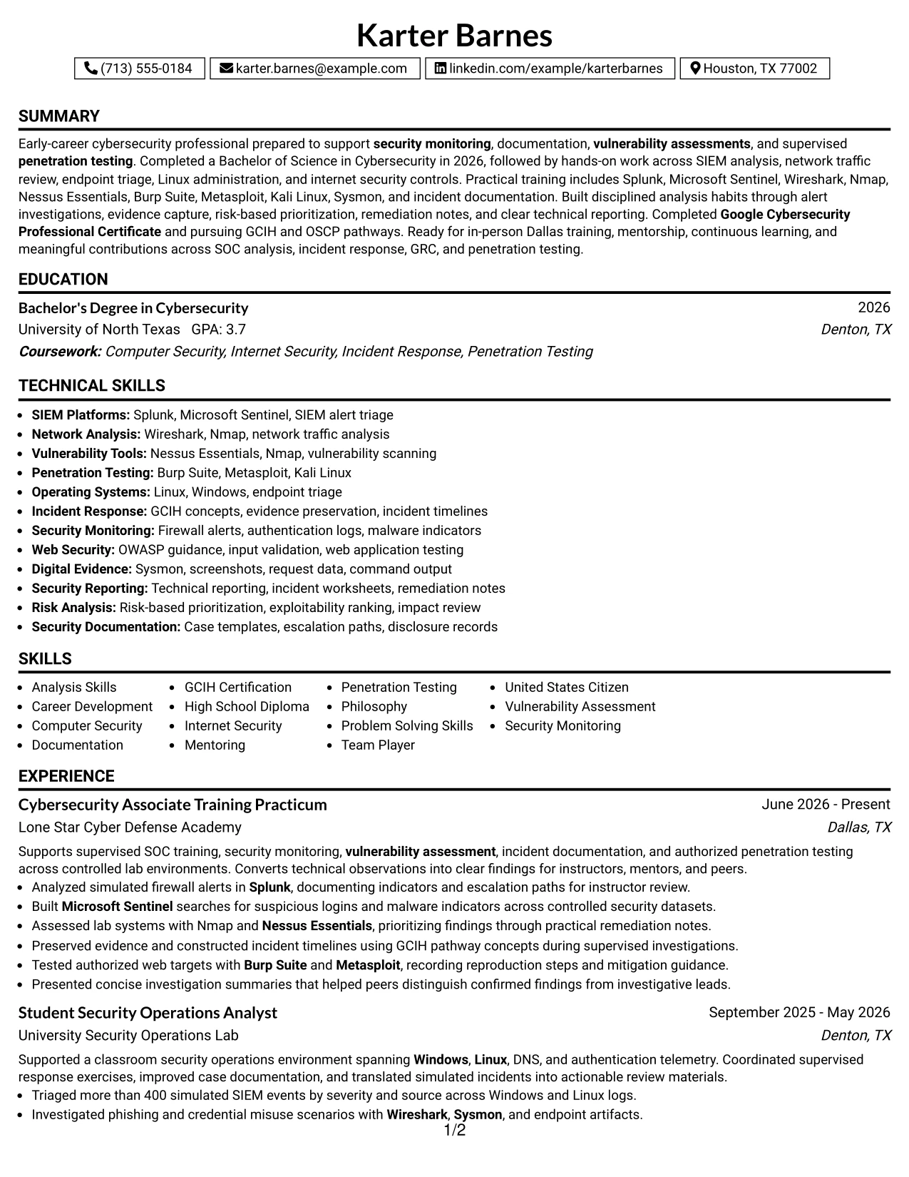 Resume Example Page 1