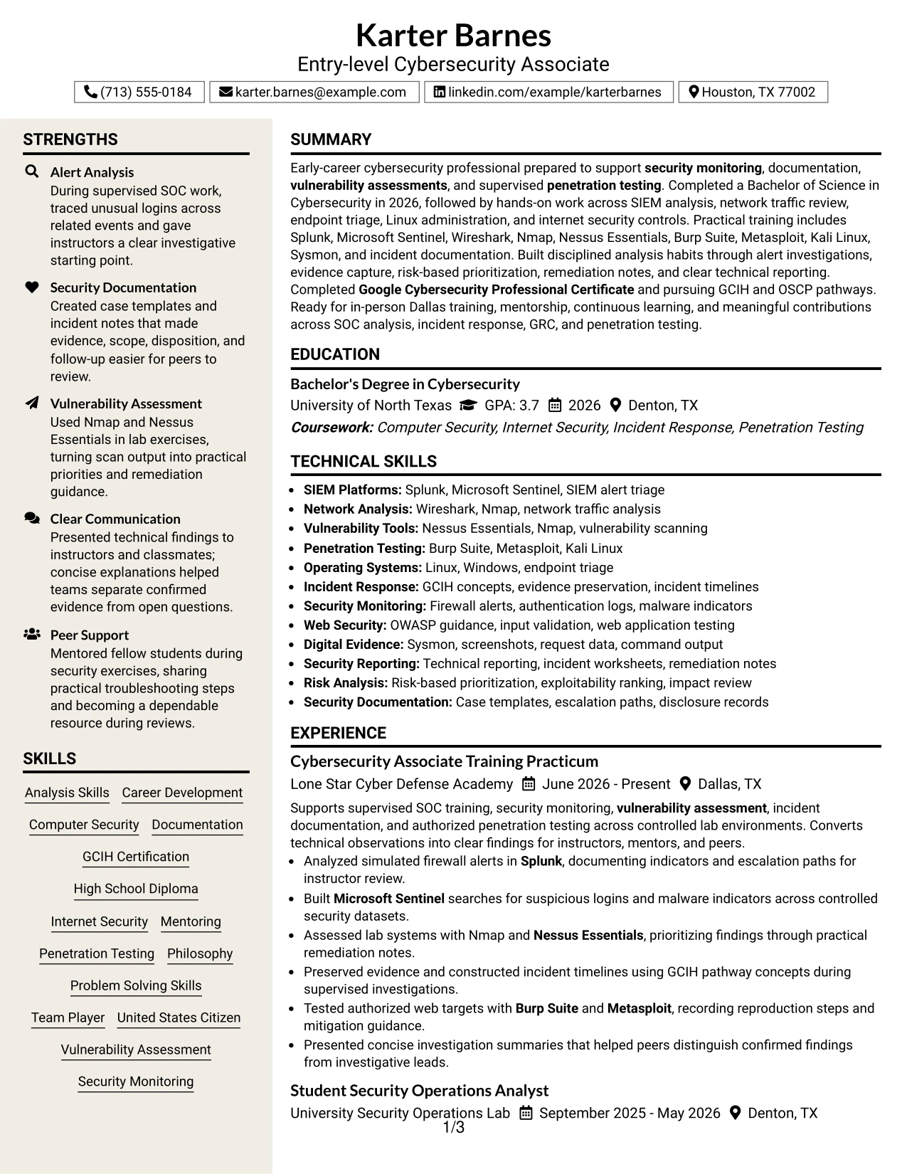 Resume Example Page 1