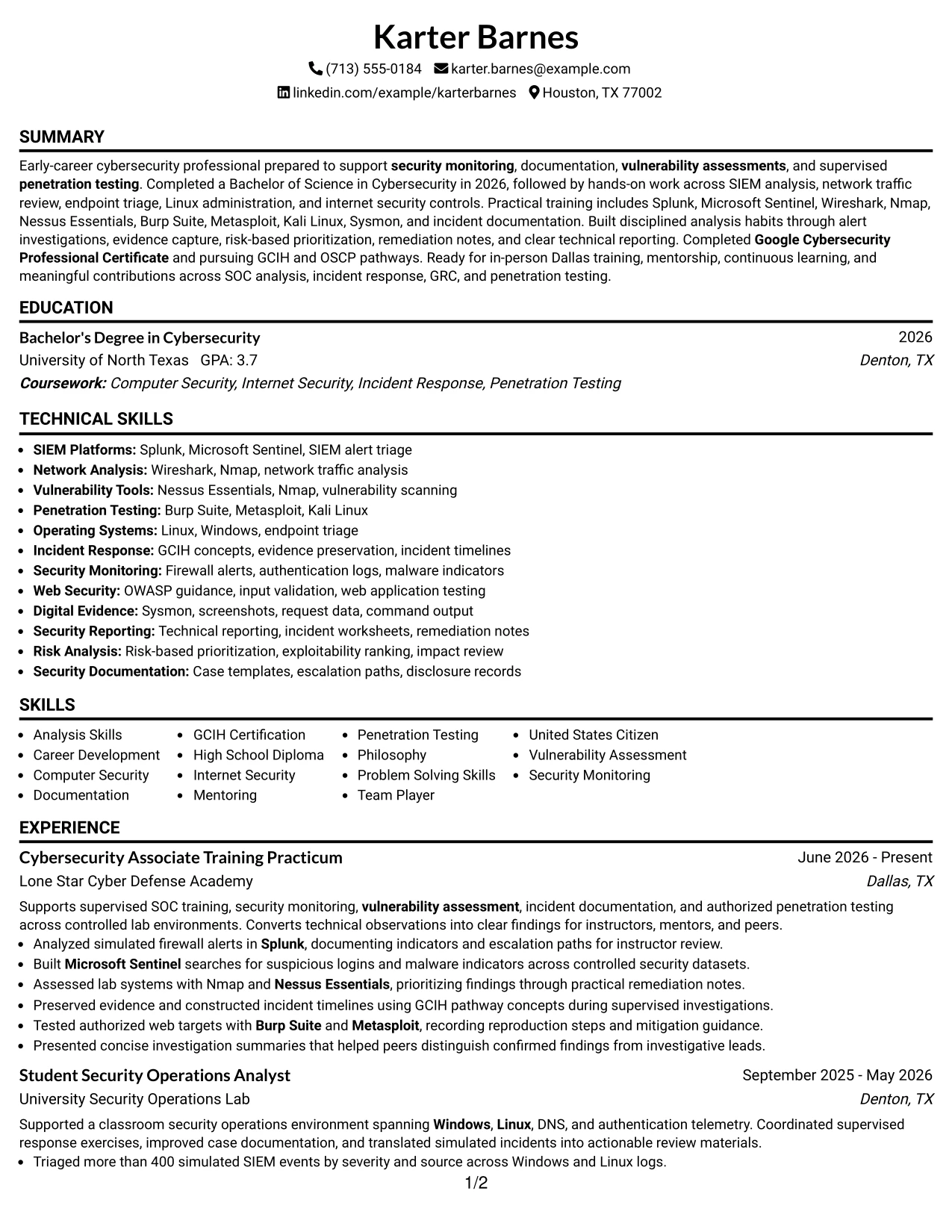 Resume Example Page 1