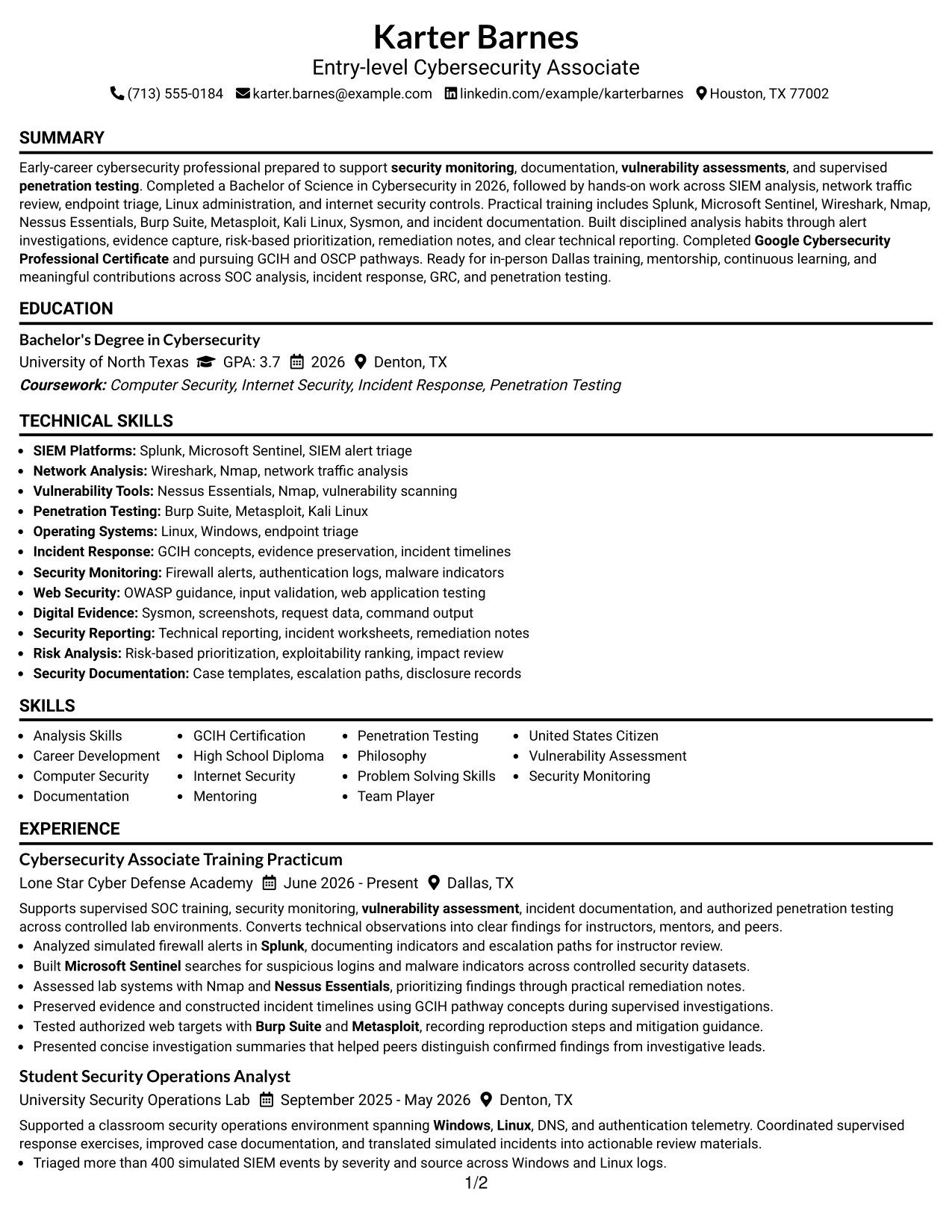 Resume Example Page 1