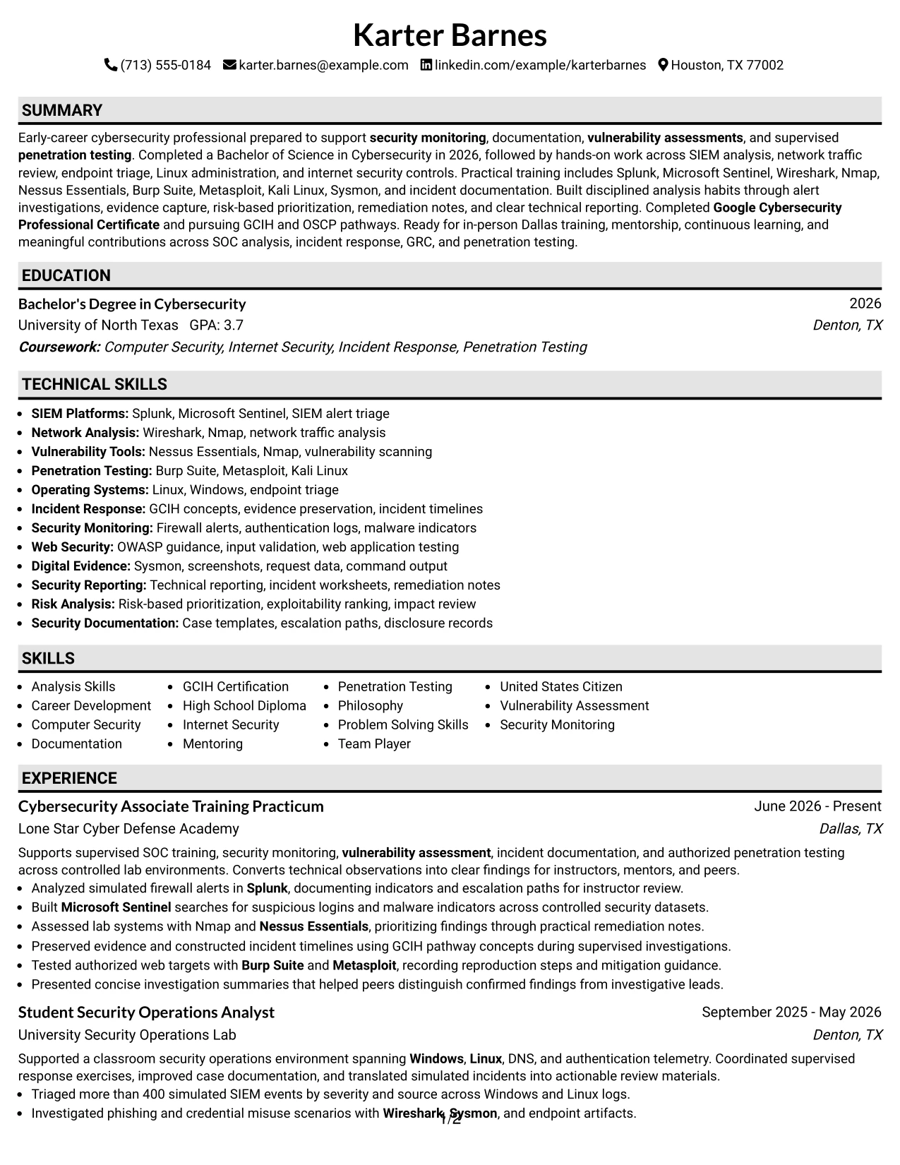 Resume Example Page 1
