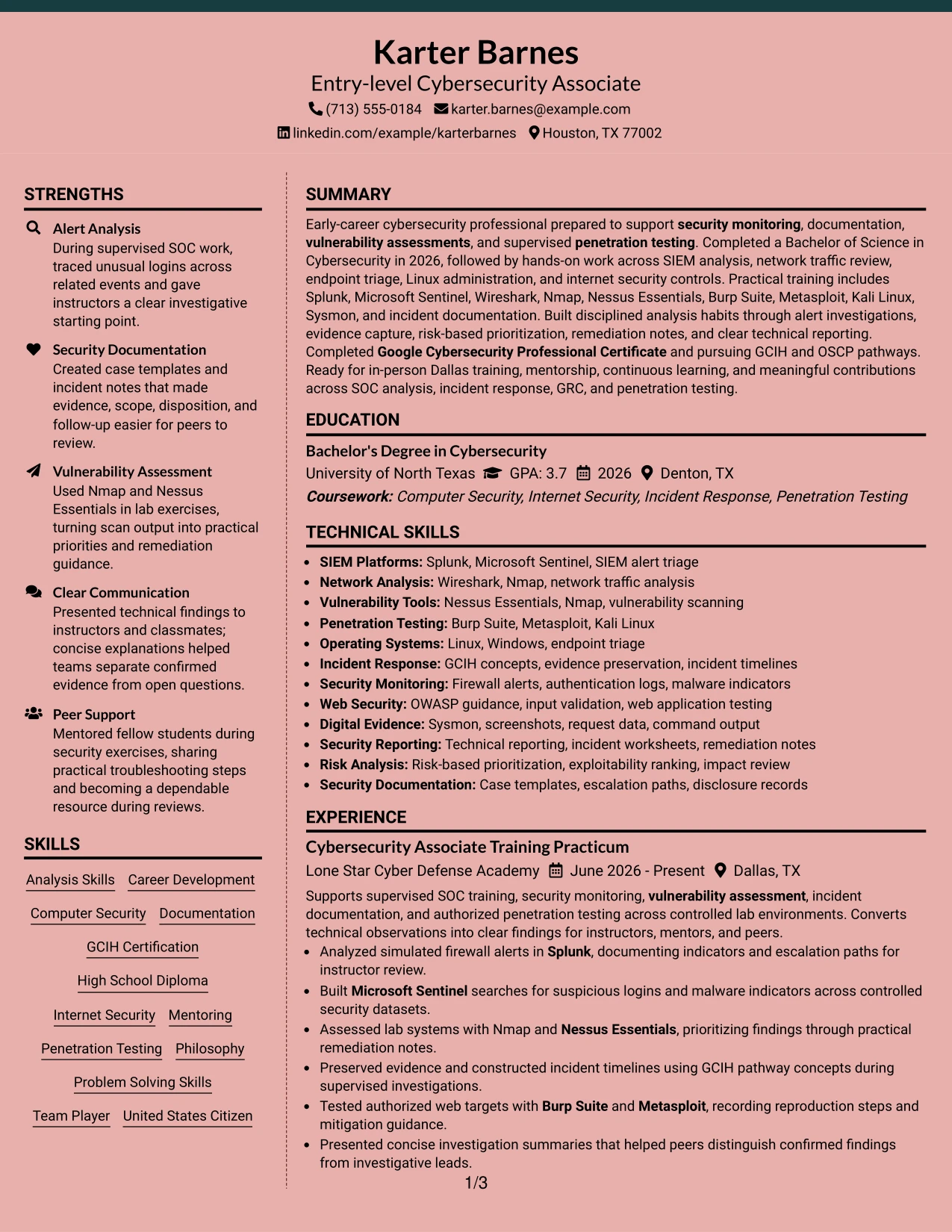 Resume Example Page 1