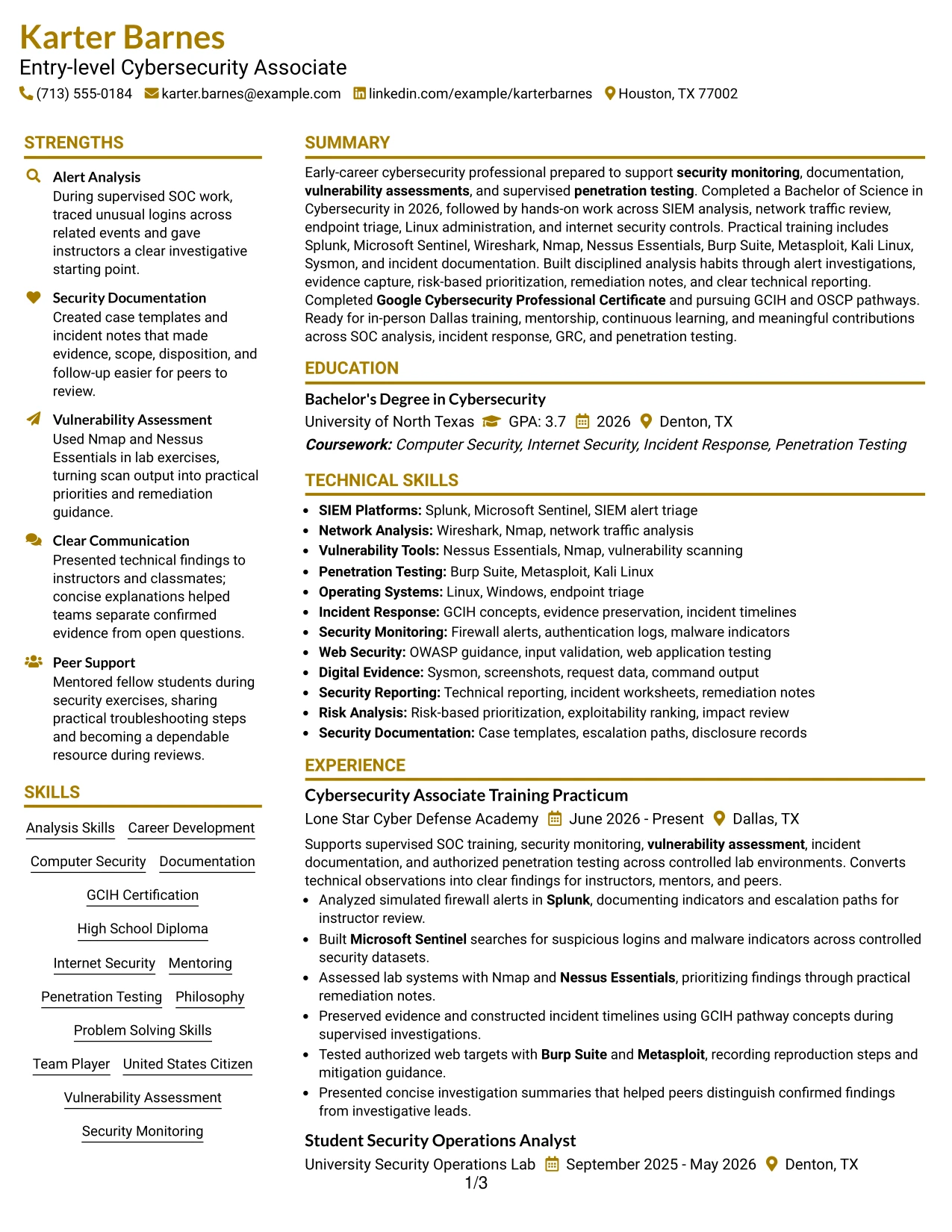 Resume Example Page 1