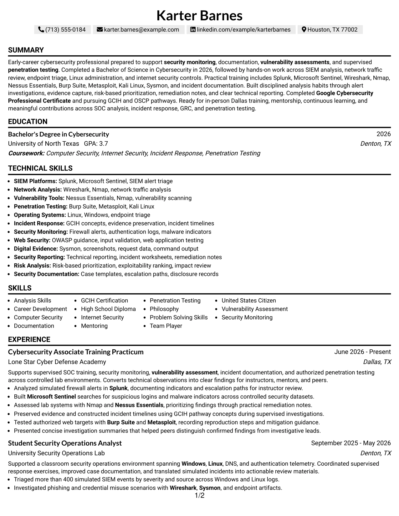 Resume Example Page 1