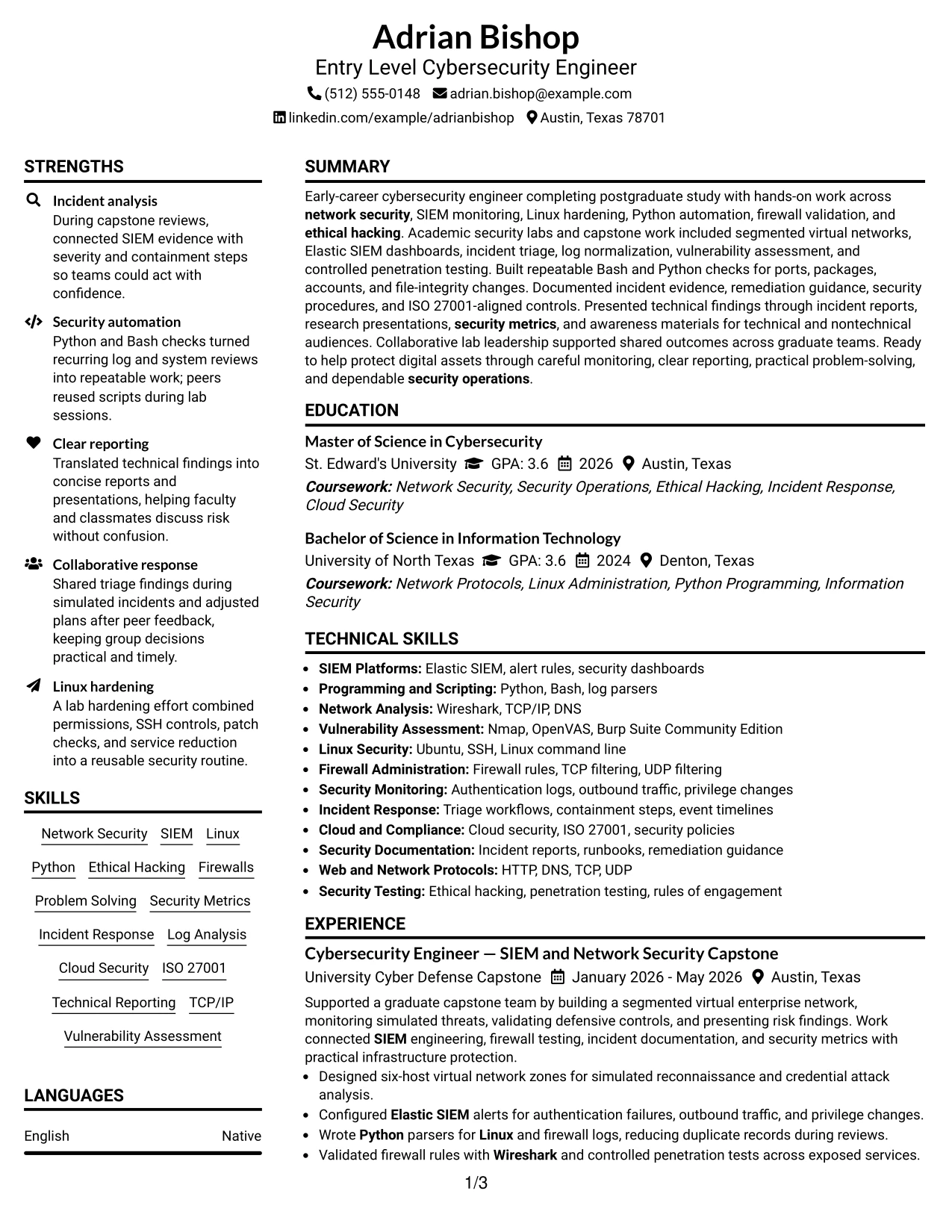 Resume Example Page 1