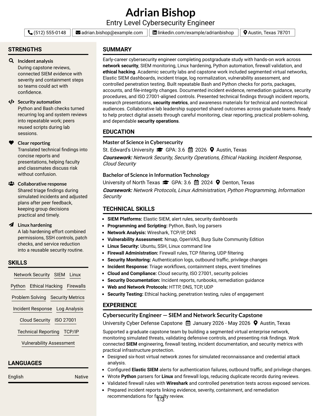 Resume Example Page 1