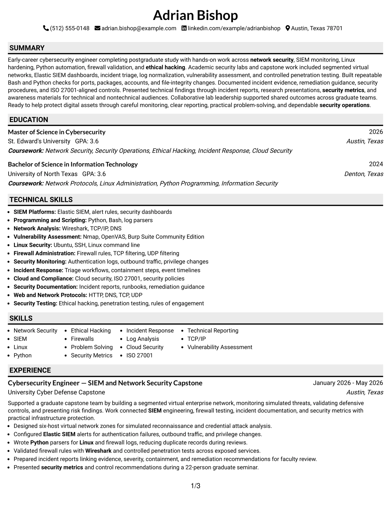 Resume Example Page 1