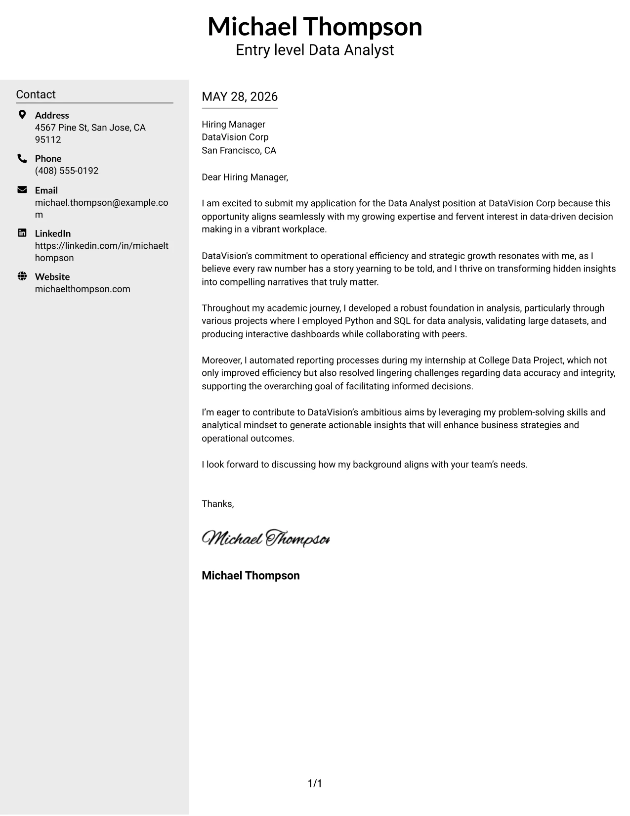 Resume Example Page 1
