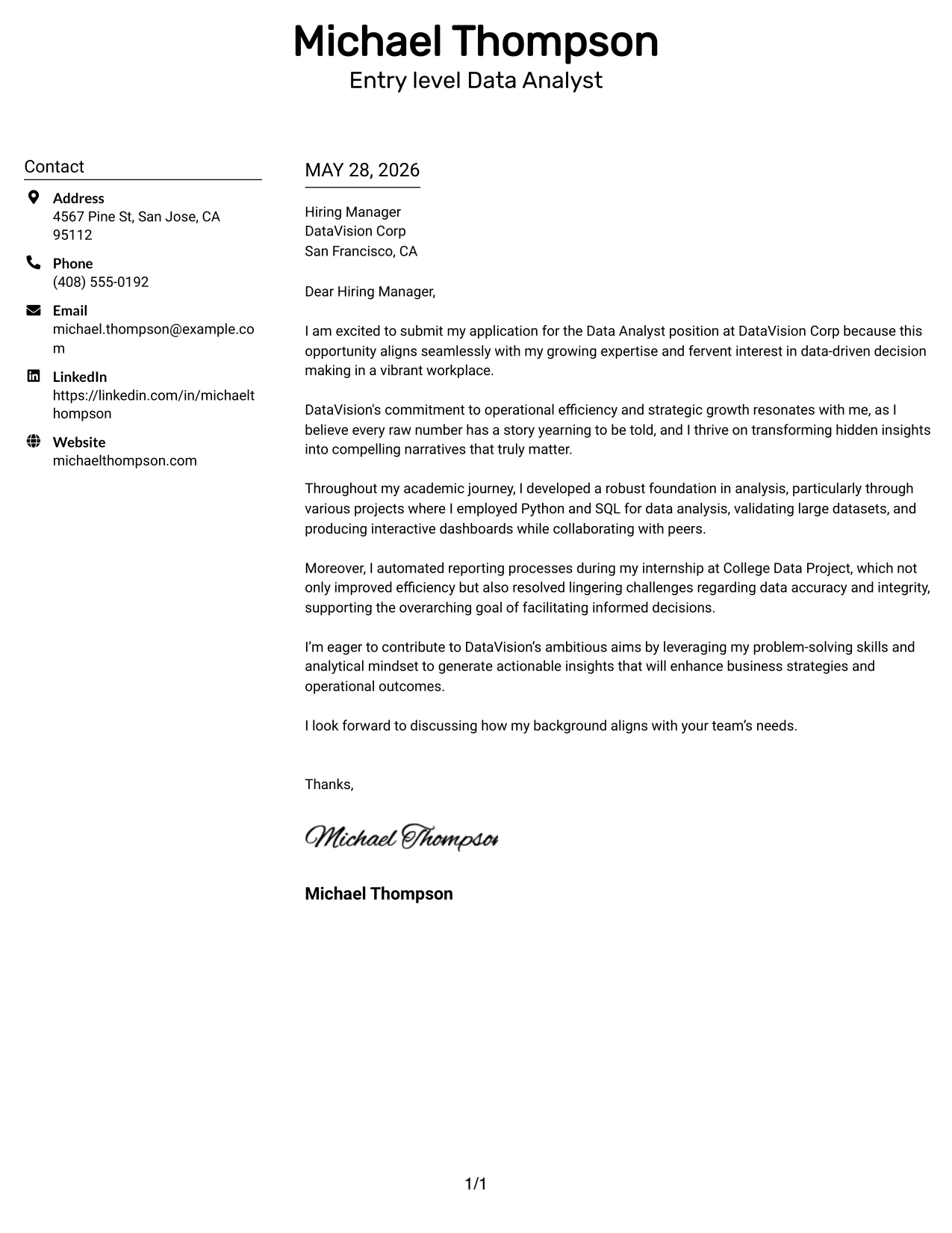 Resume Example Page 1