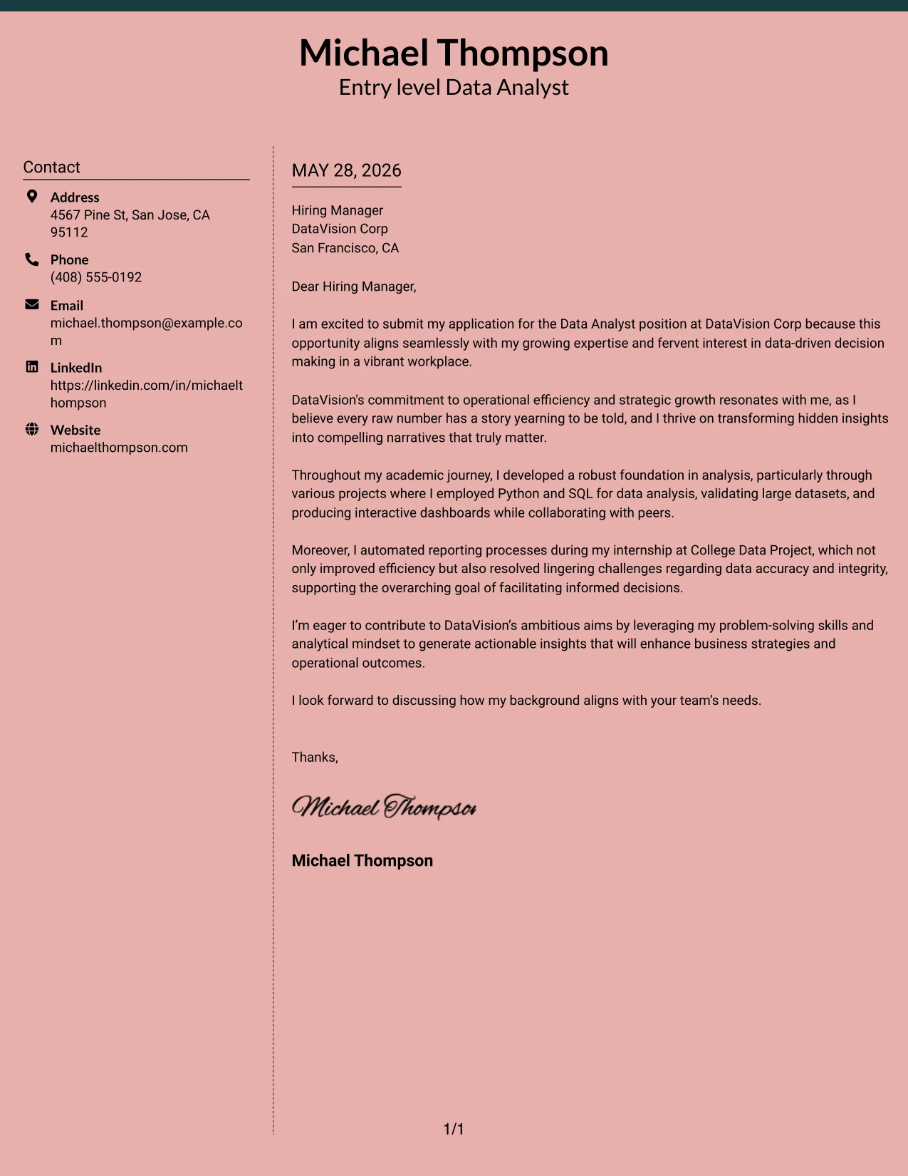 Resume Example Page 1