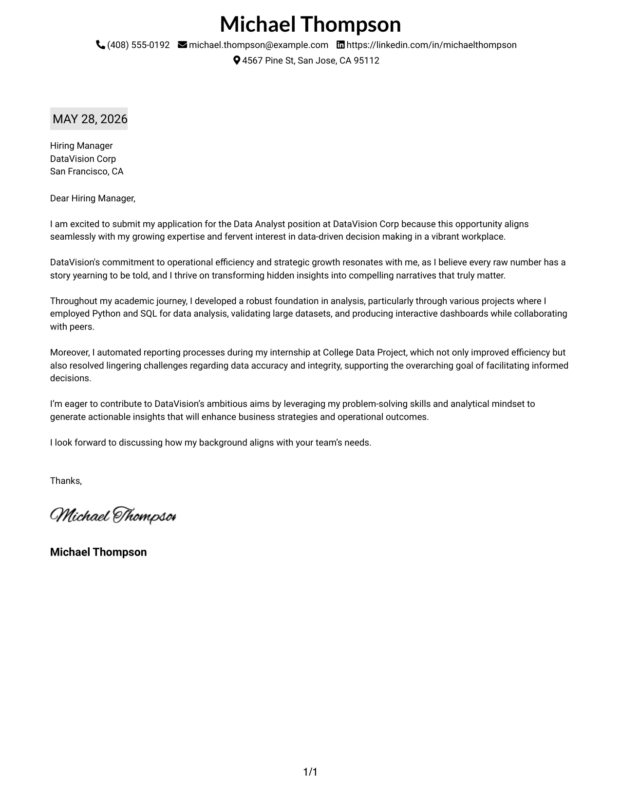 Resume Example Page 1