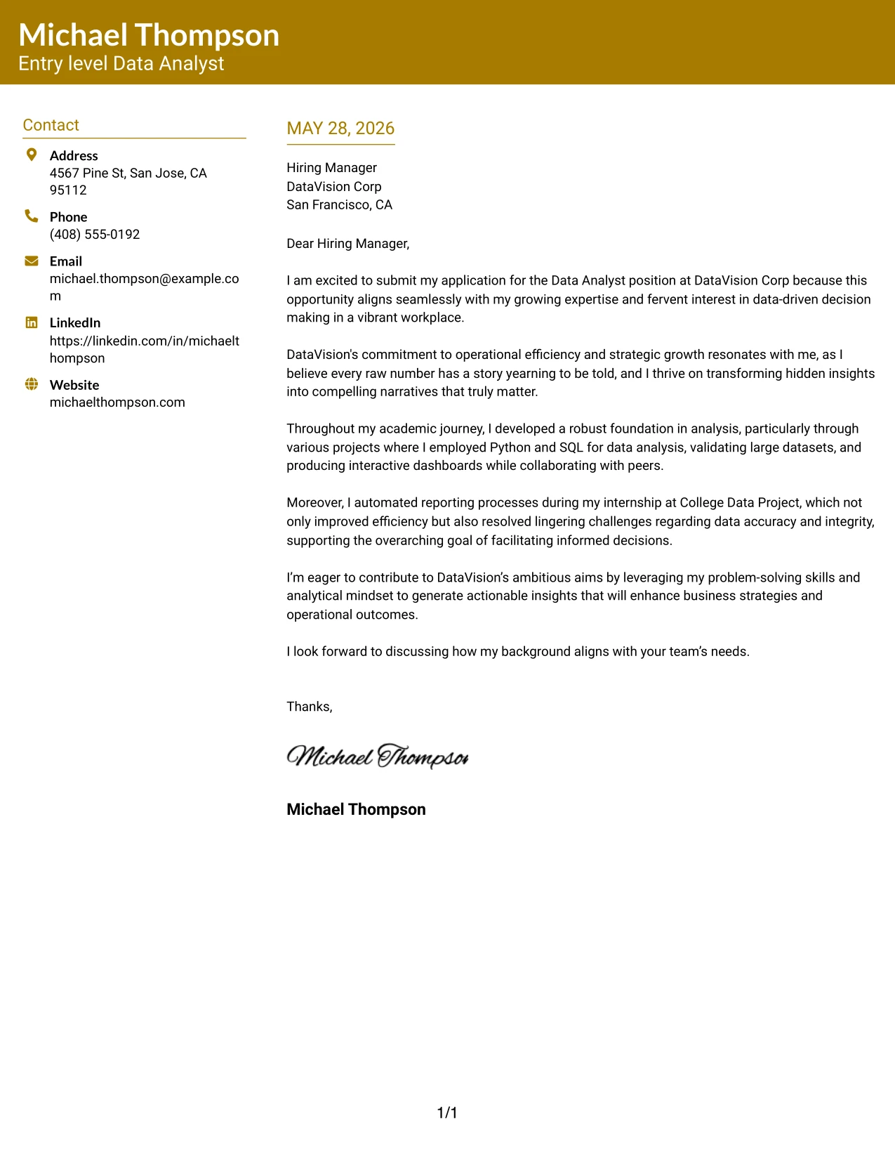 Resume Example Page 1