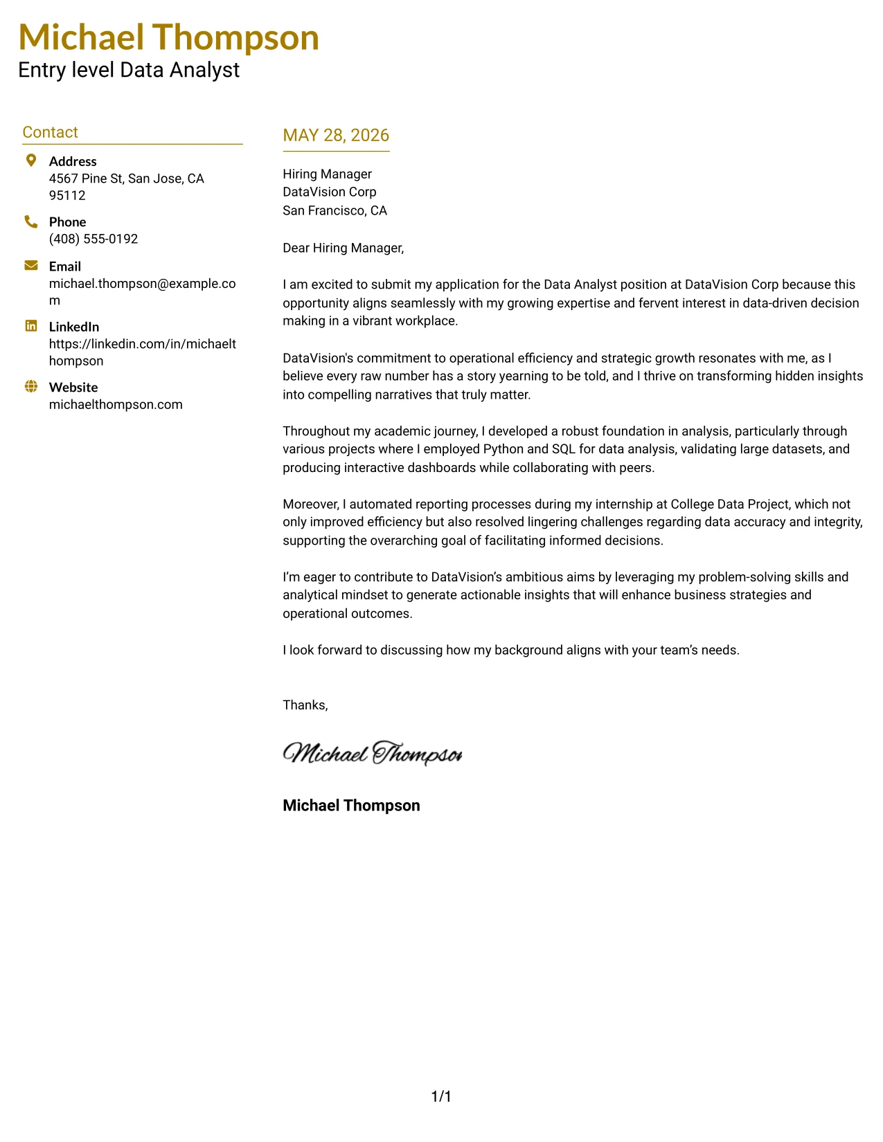Resume Example Page 1