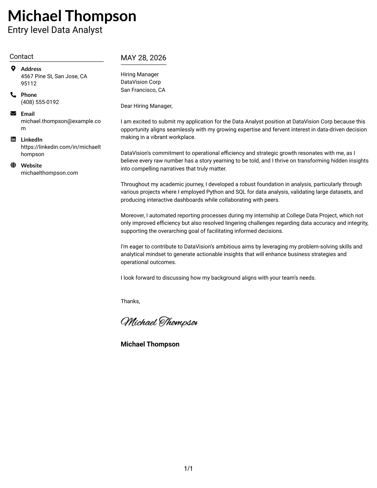 Resume Example Page 1