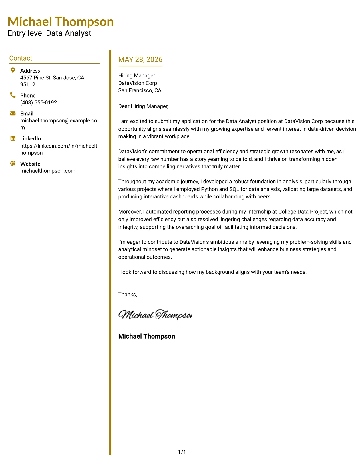Resume Example Page 1