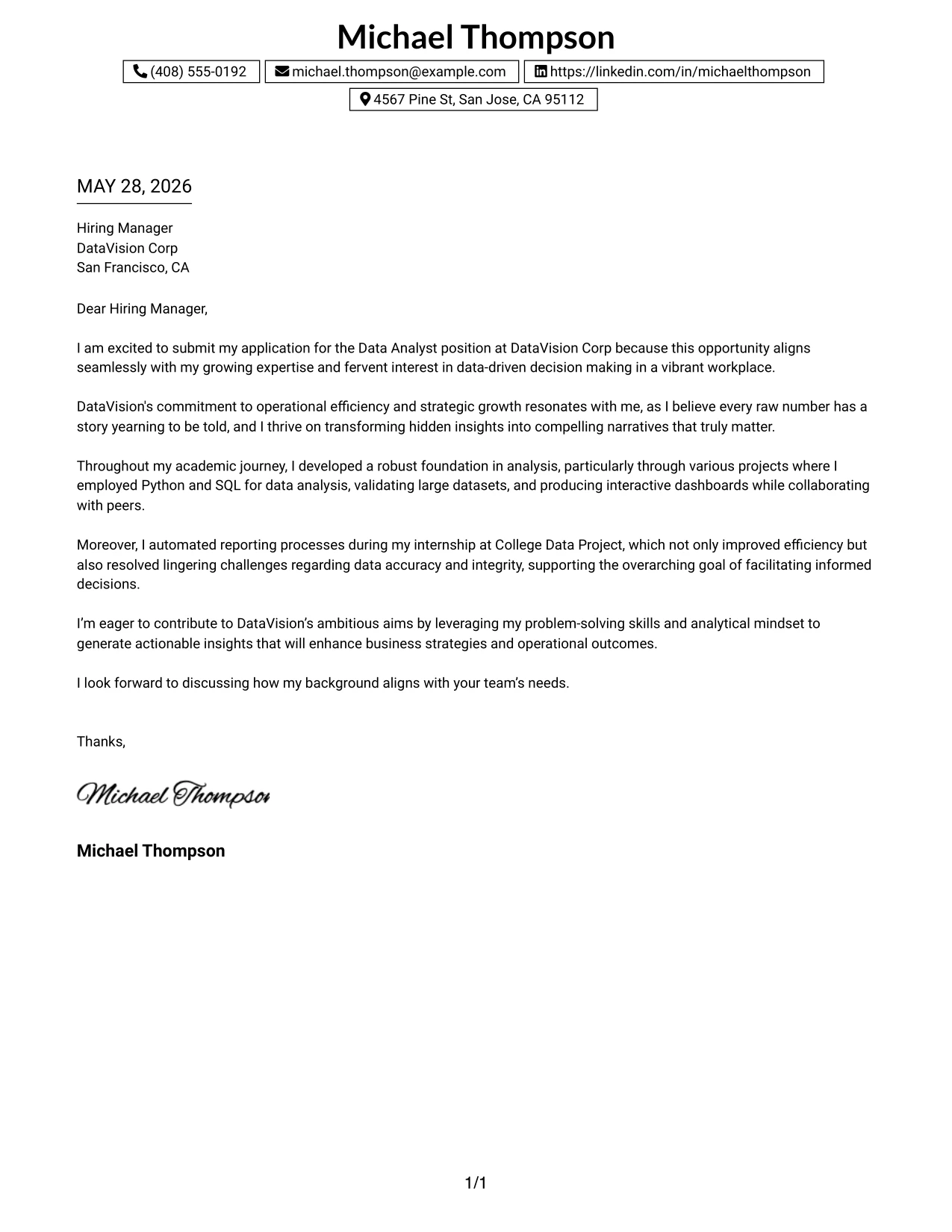Resume Example Page 1
