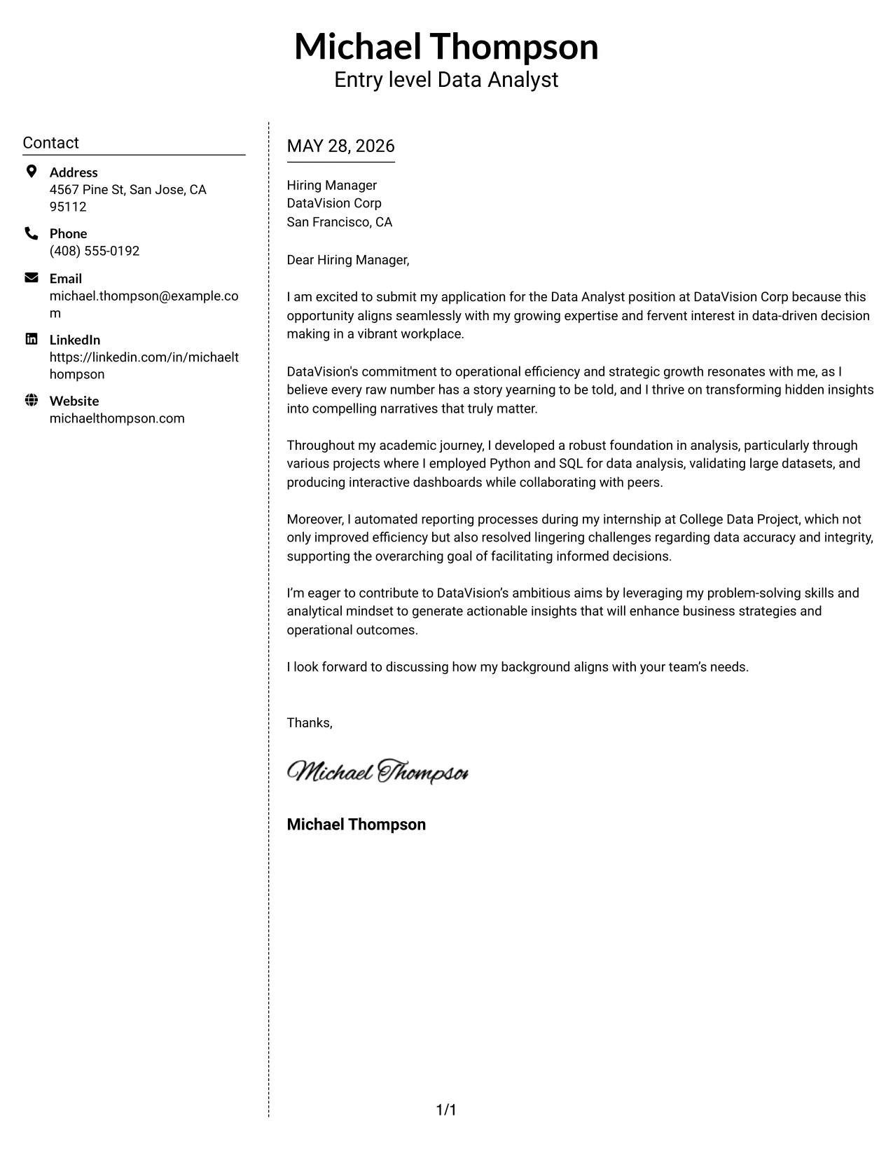 Resume Example Page 1