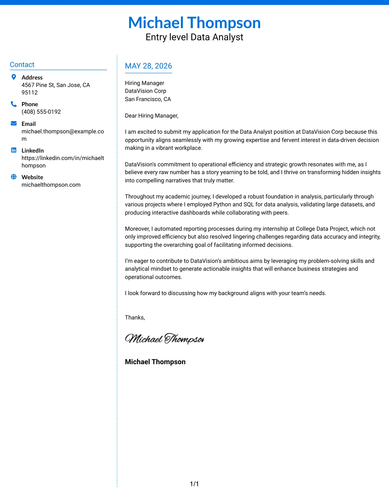 Resume Example Page 1