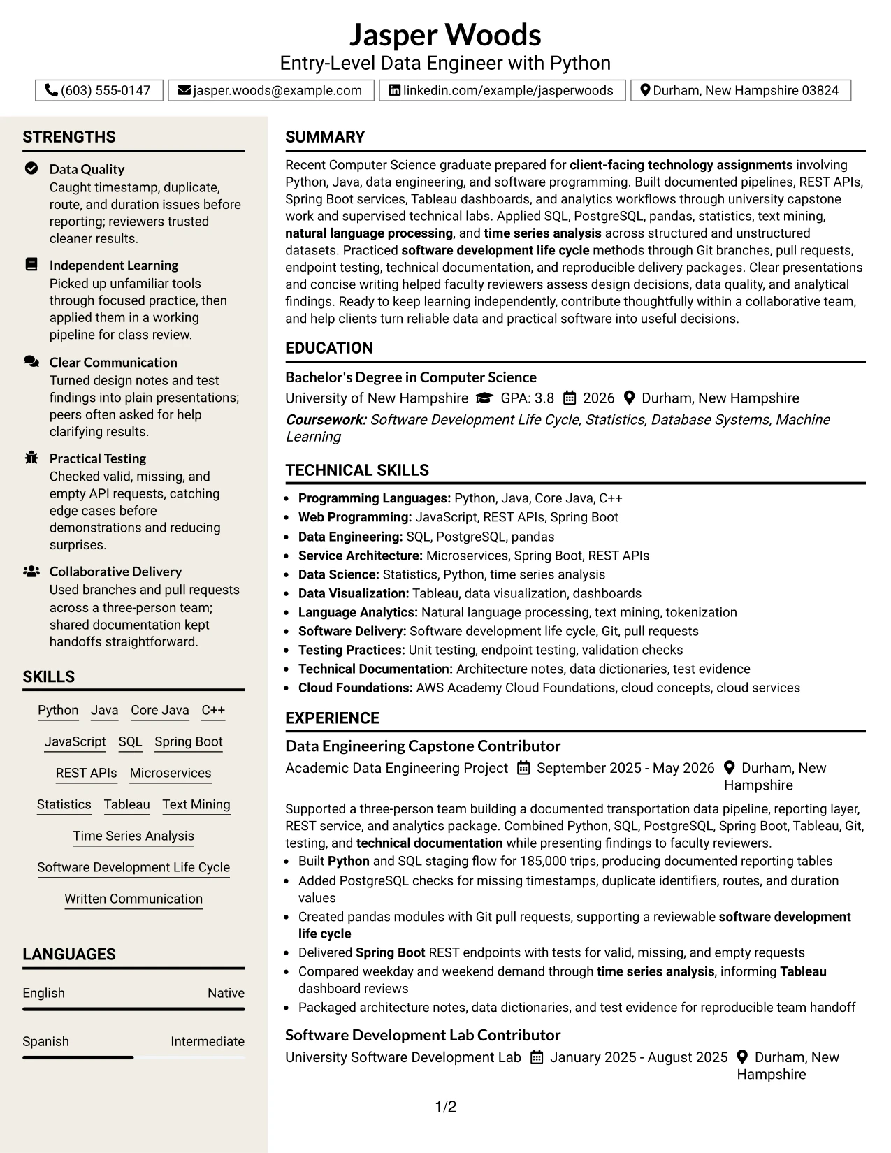 Resume Example Page 1