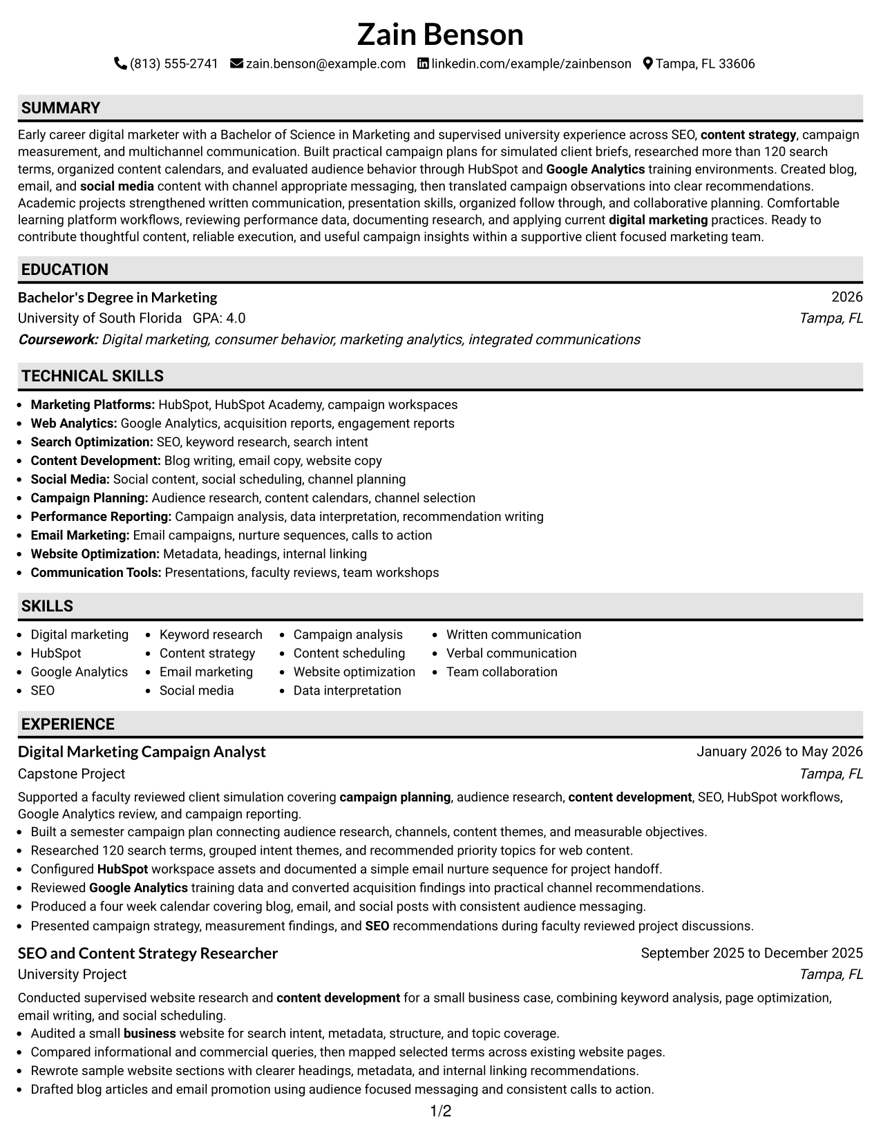 Resume Example Page 1