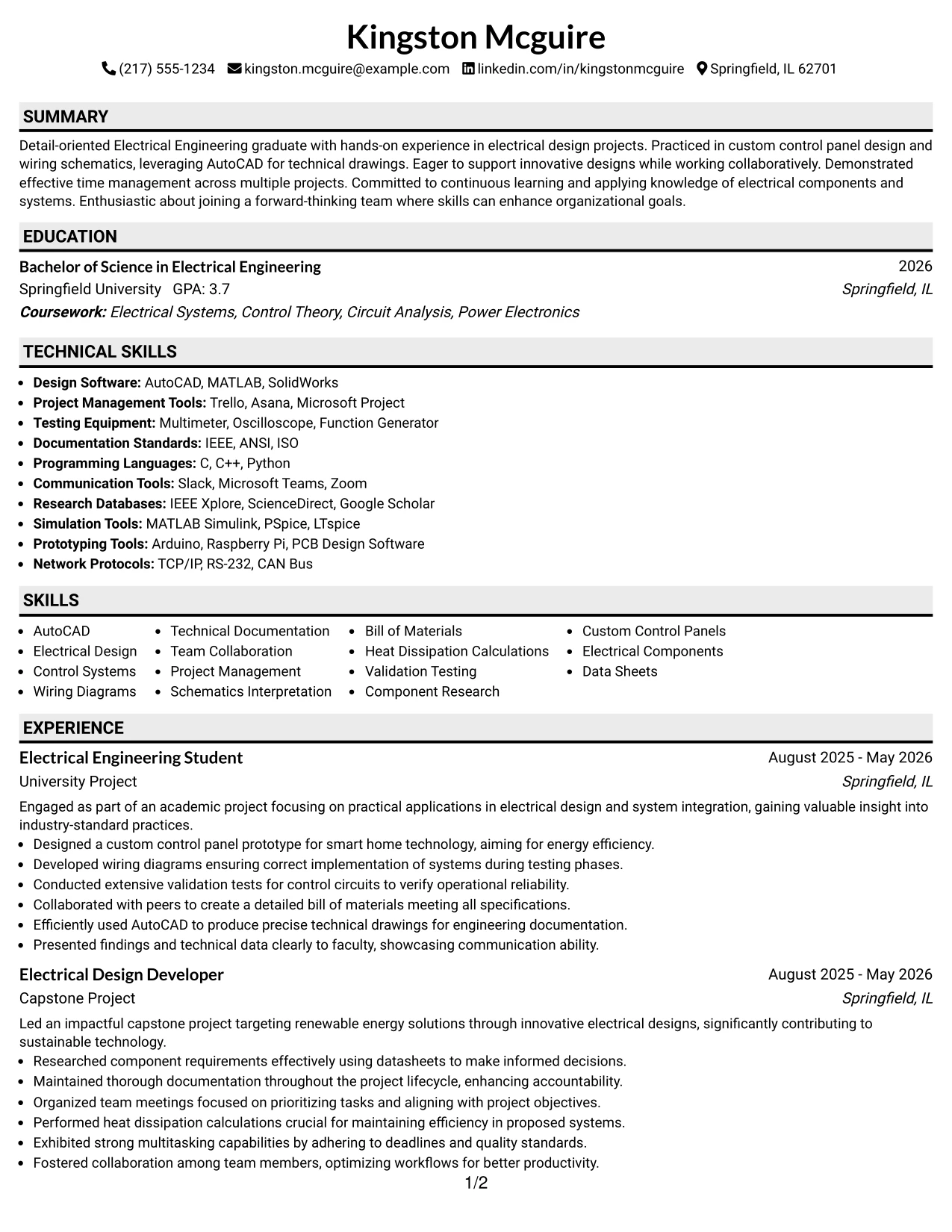 Resume Example Page 1