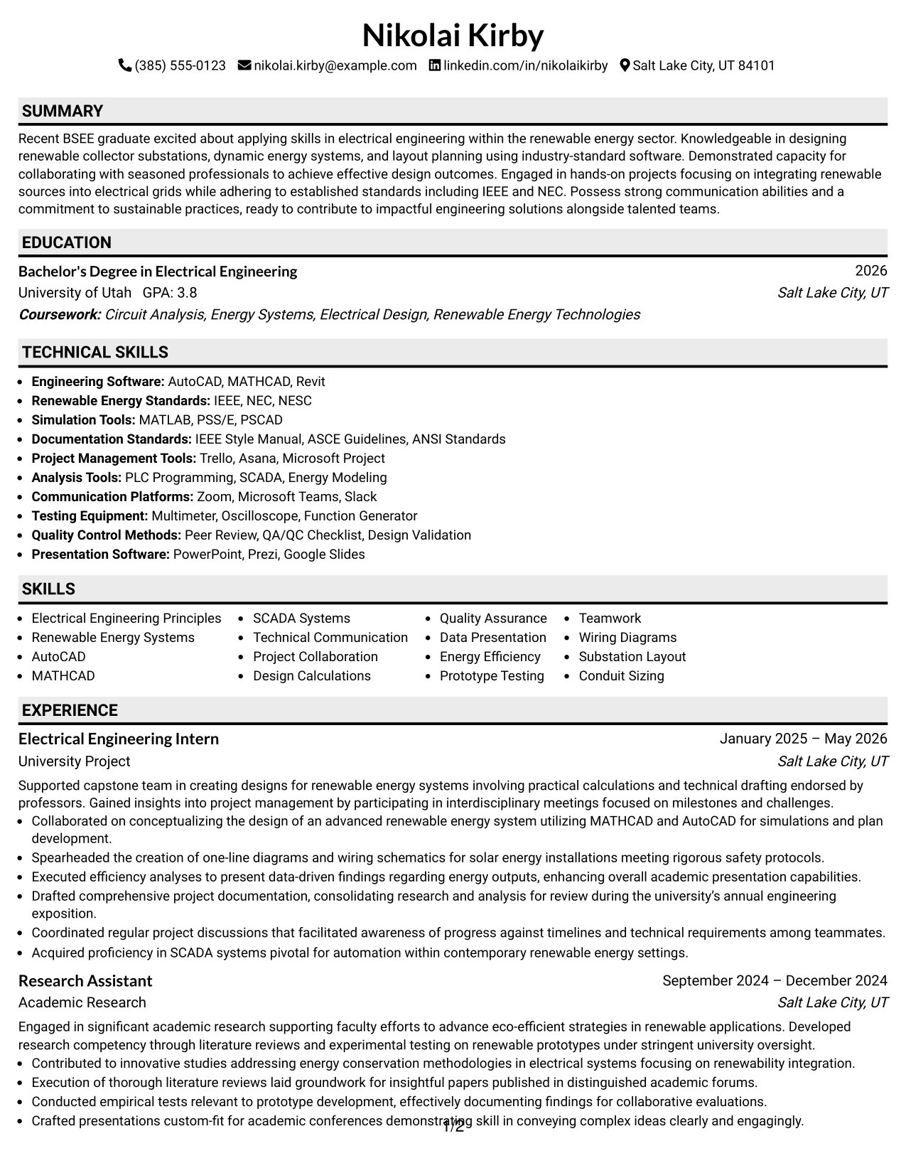 Resume Example Page 1