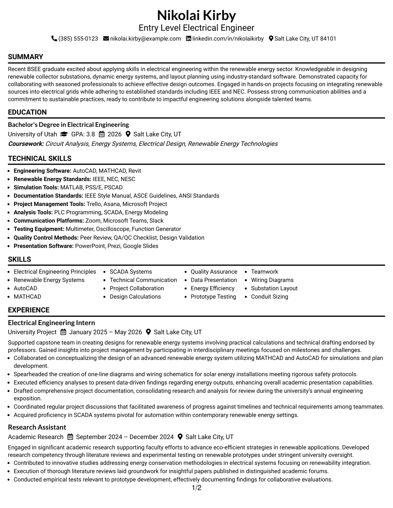 Resume Example Page 1