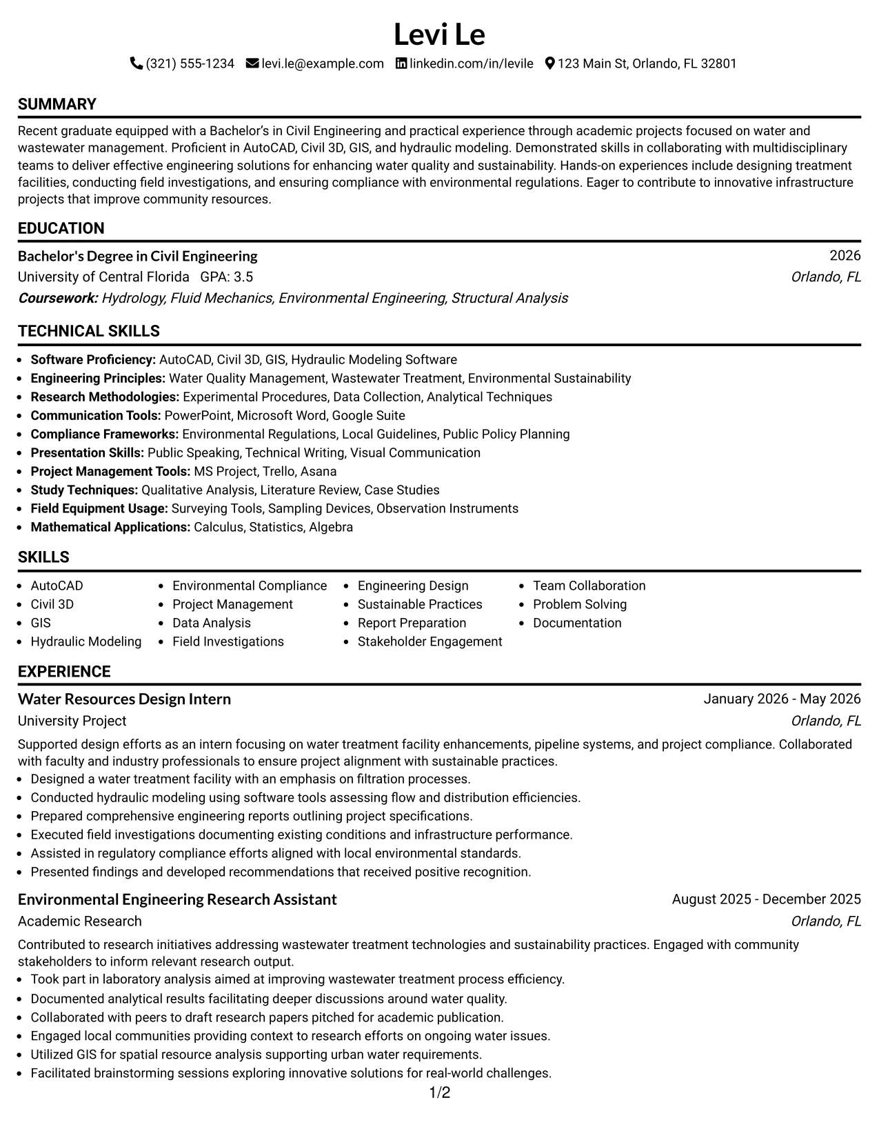 Resume Example Page 1