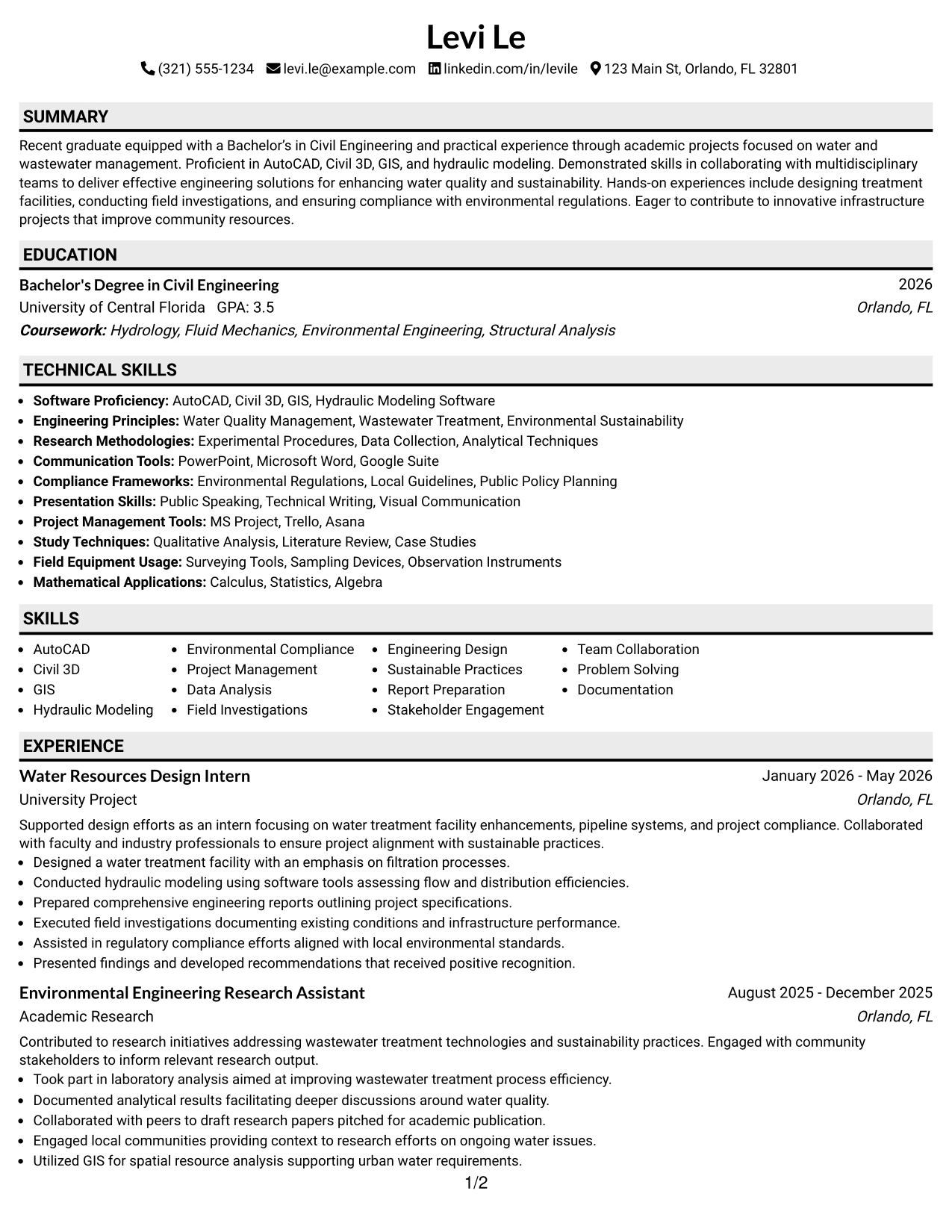 Resume Example Page 1
