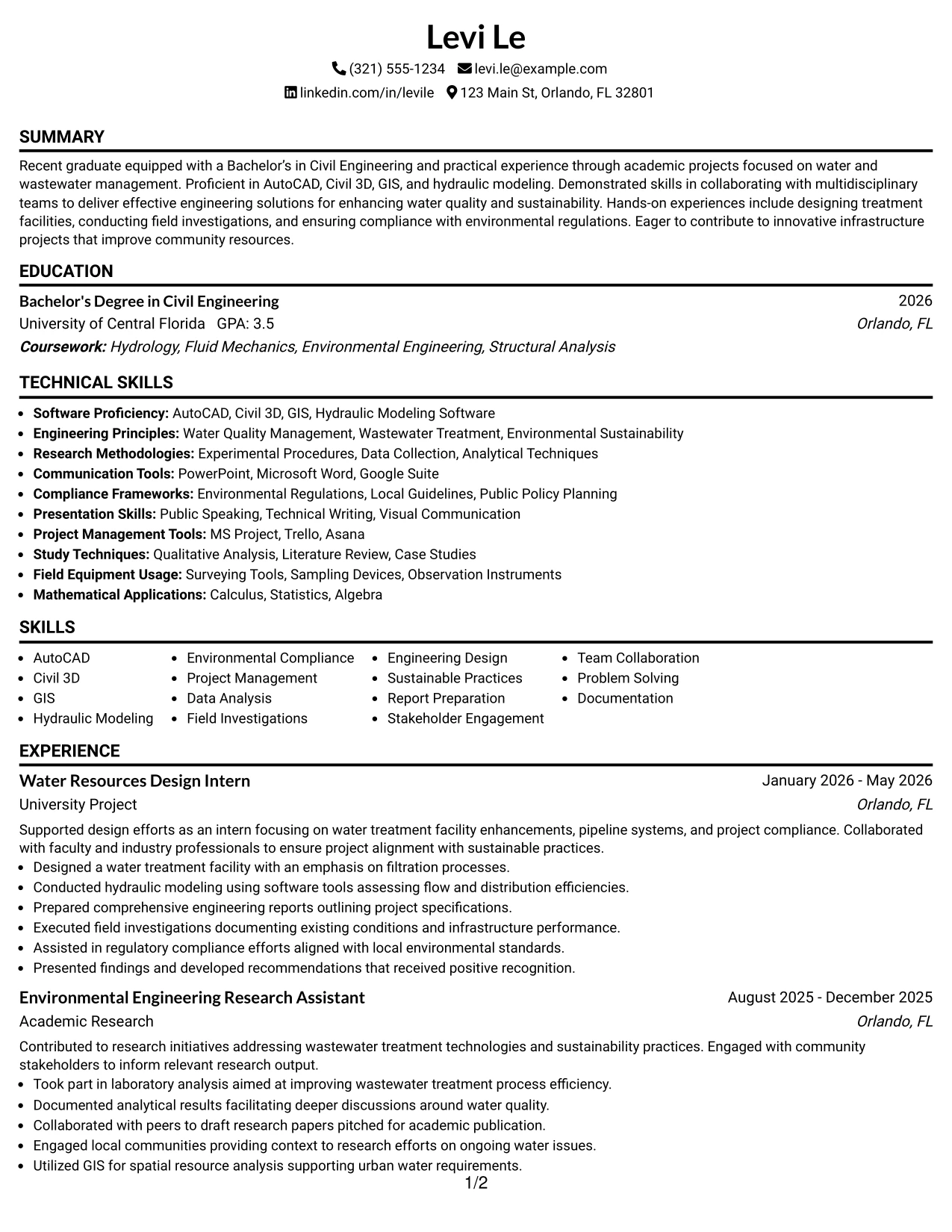 Resume Example Page 1