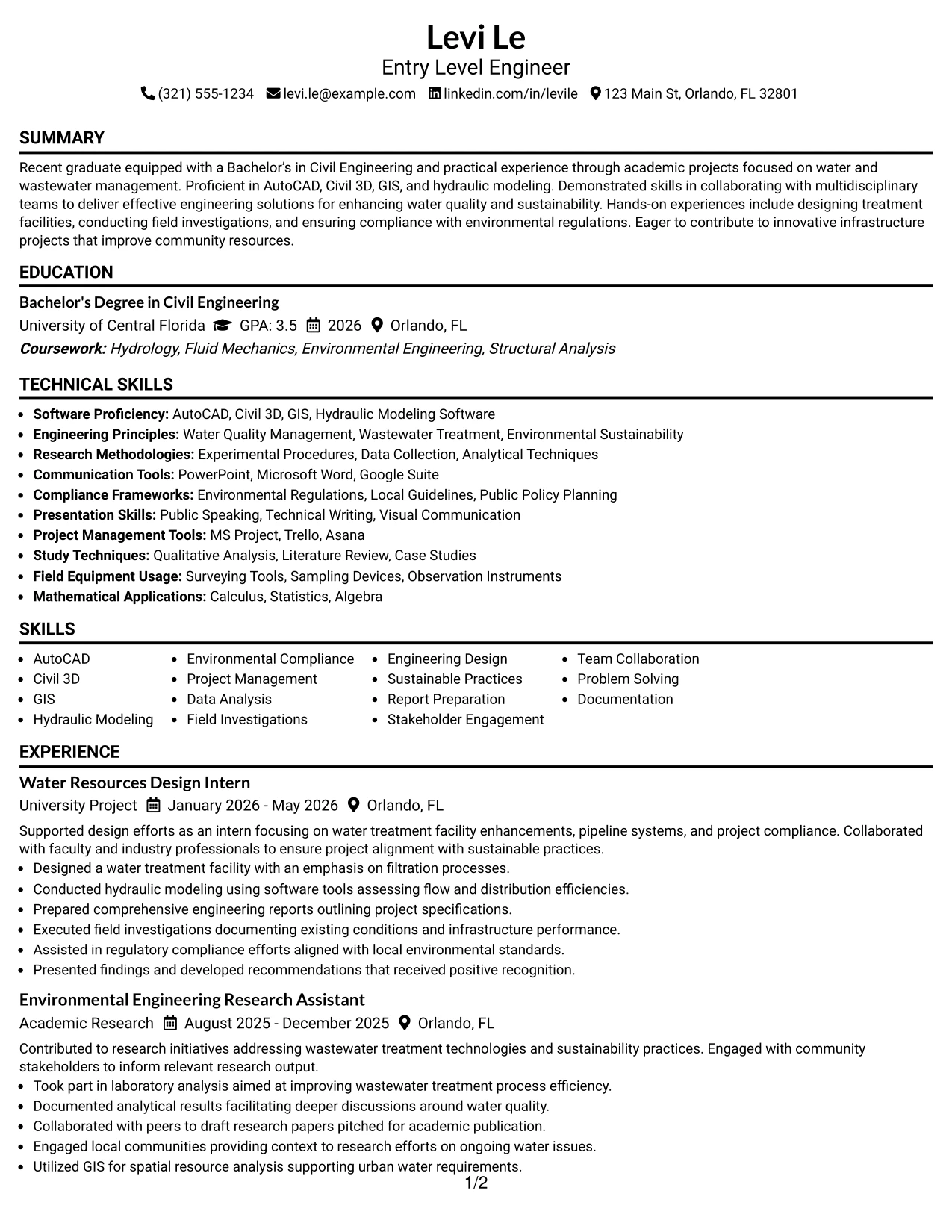 Resume Example Page 1