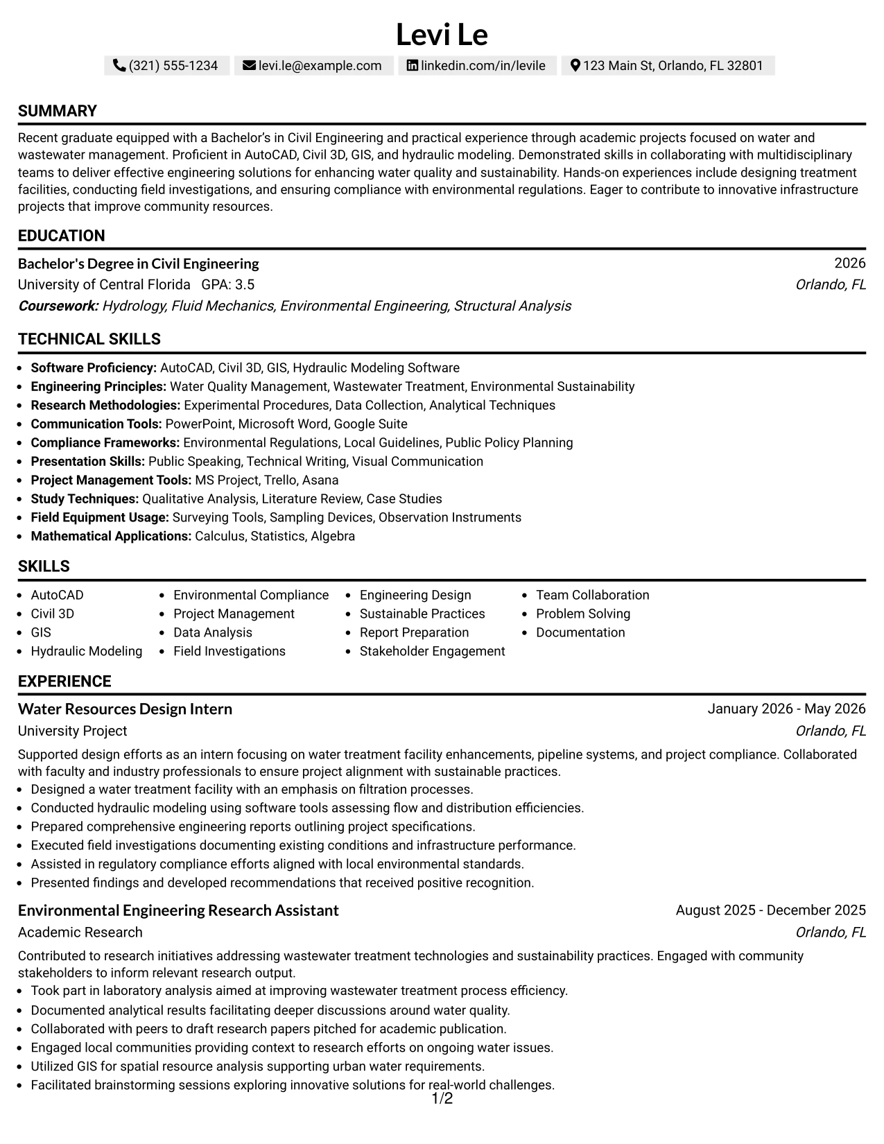 Resume Example Page 1