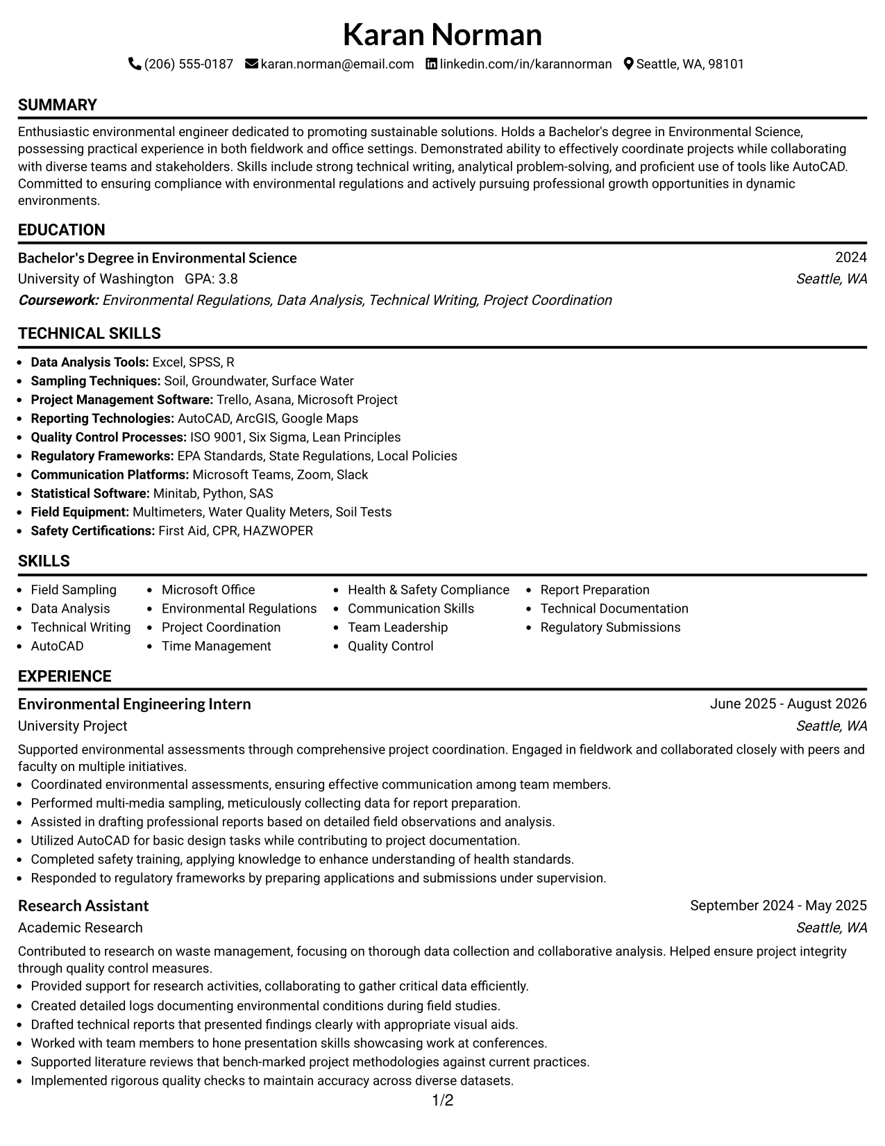 Resume Example Page 1