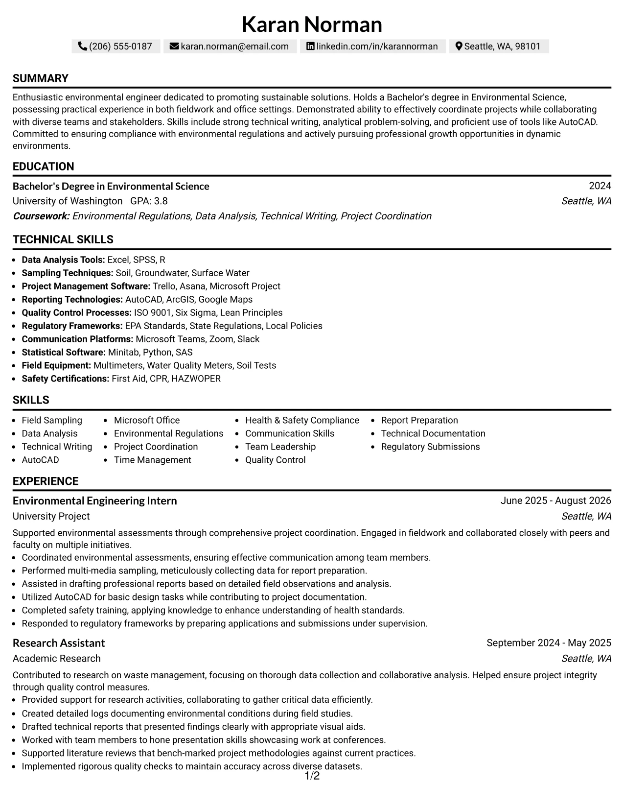 Resume Example Page 1