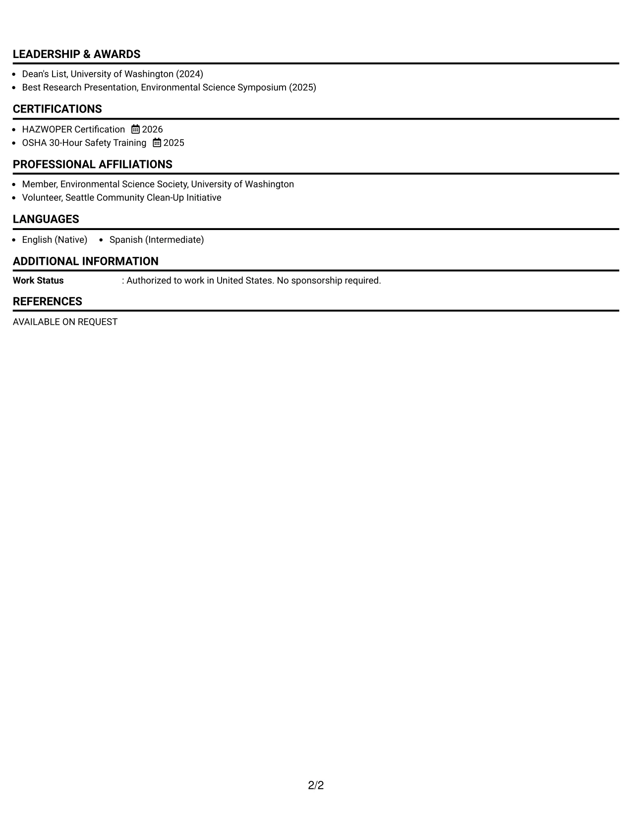 Resume Example Page 2