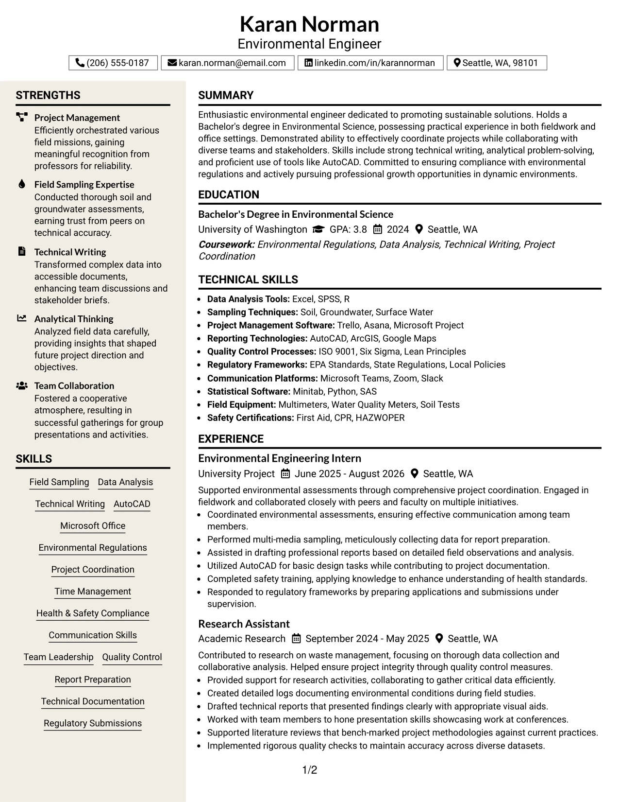 Resume Example Page 1