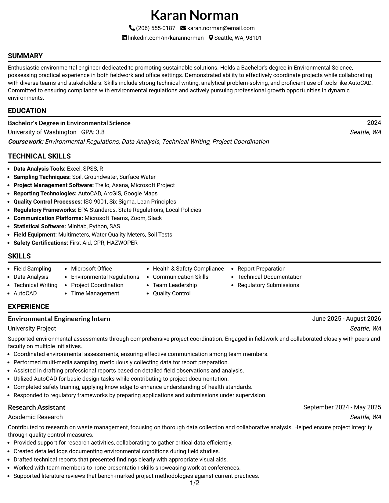 Resume Example Page 1