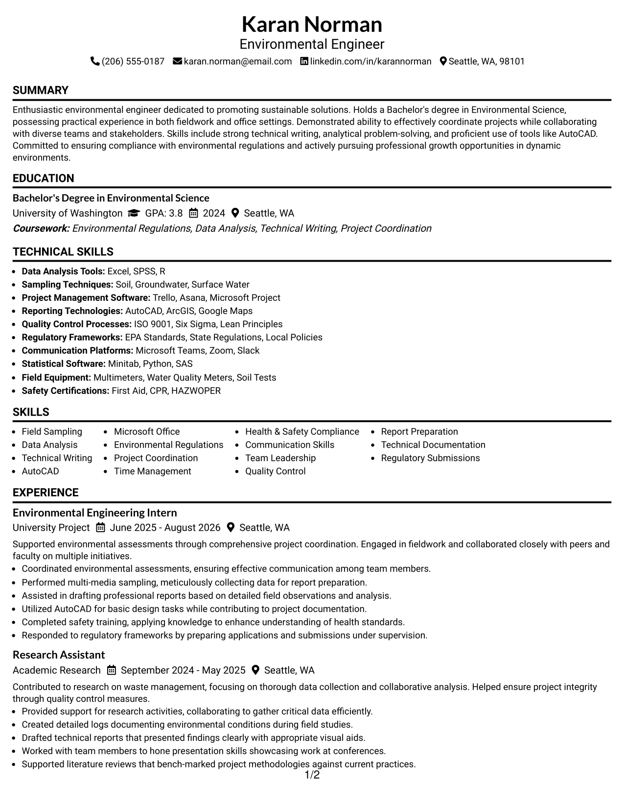 Resume Example Page 1