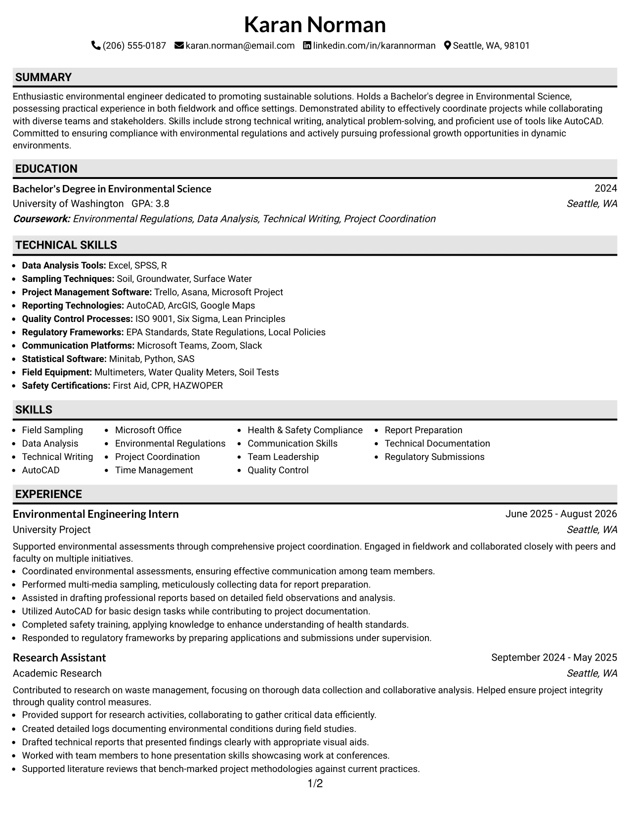 Resume Example Page 1