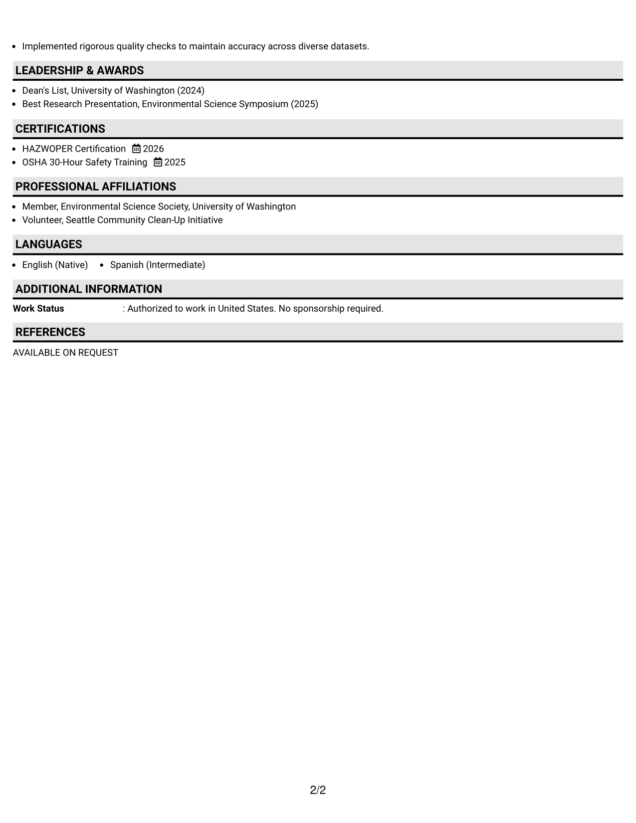 Resume Example Page 2