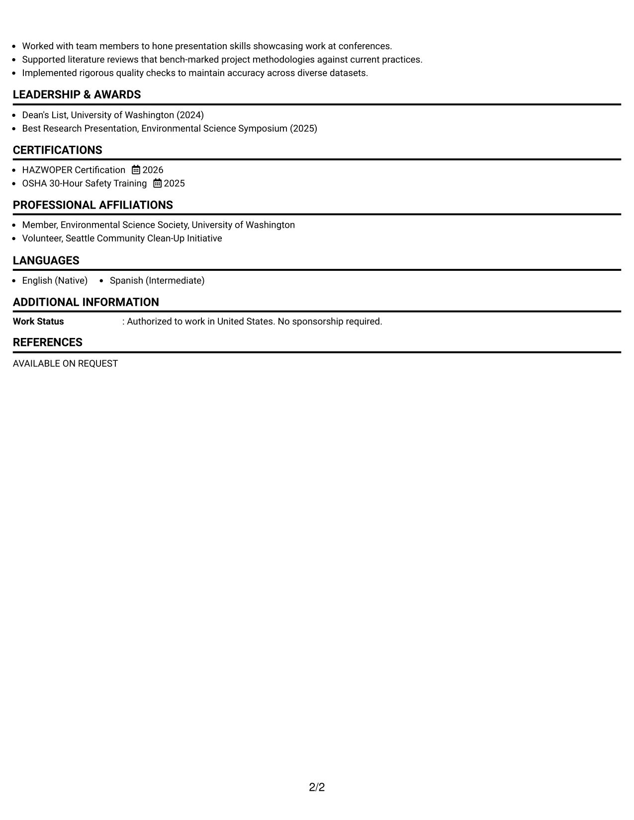 Resume Example Page 2